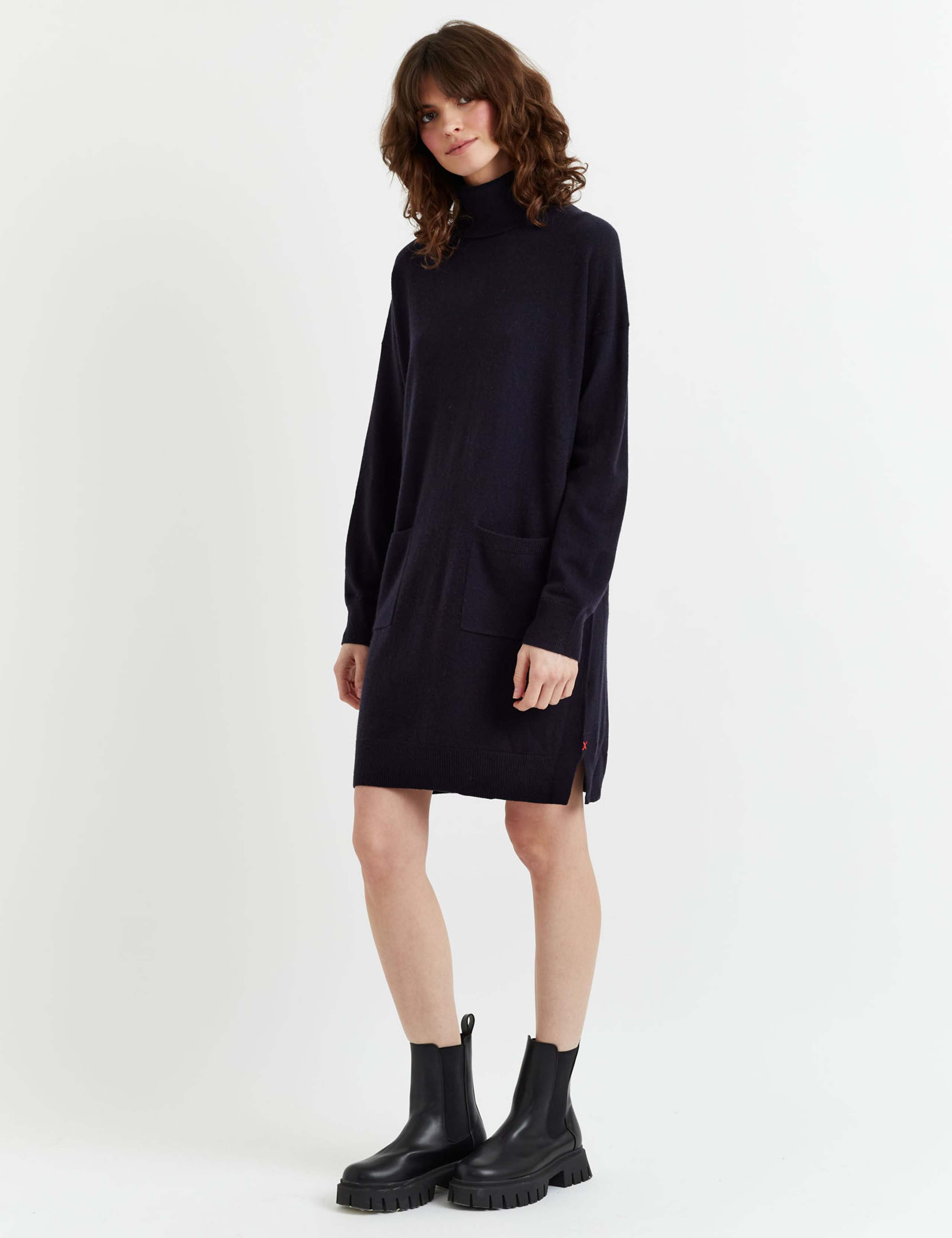 Wool Rich Knitted Roll Neck Mini Dress with Cashmere