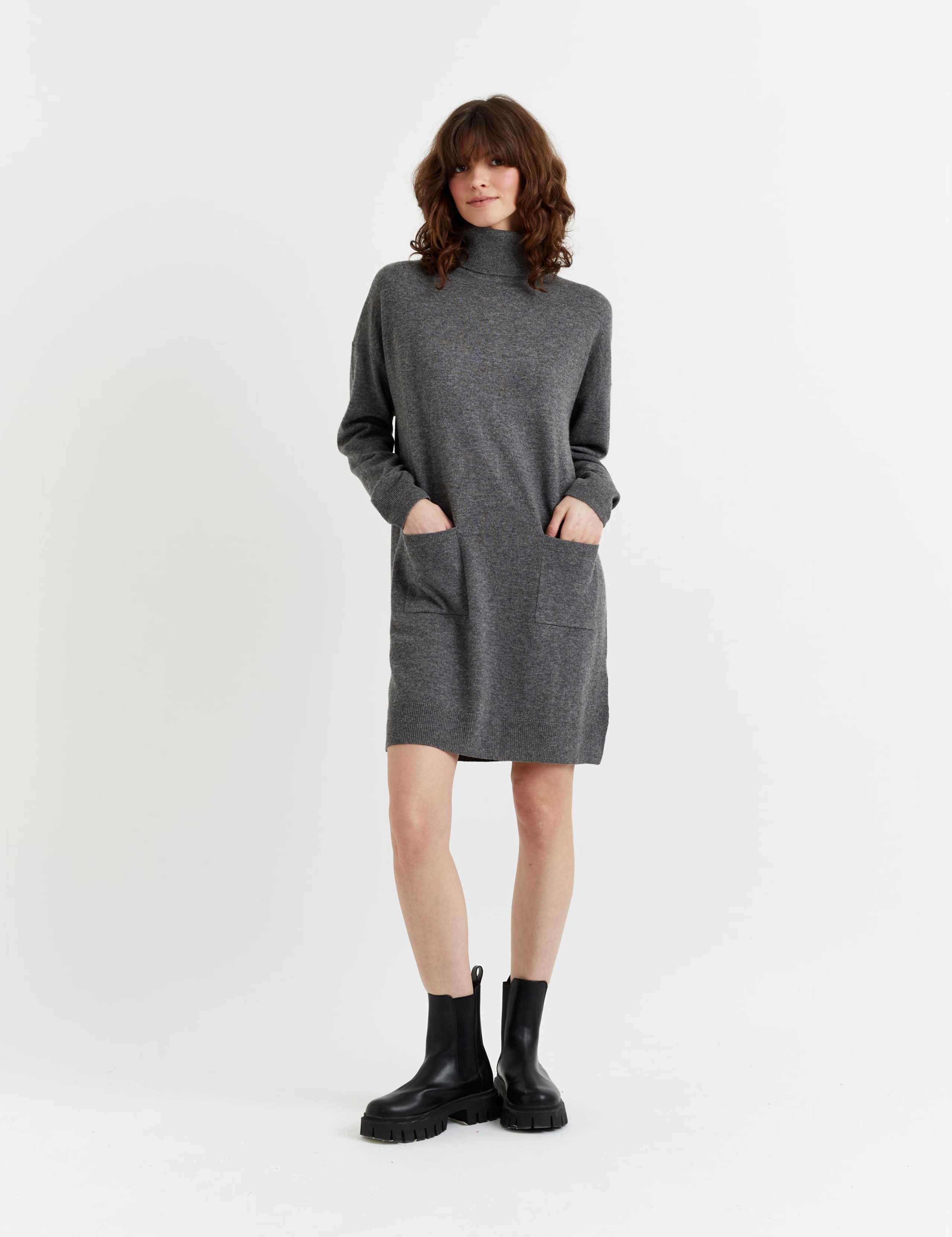 Wool Rich Knitted Roll Neck Mini Dress with Cashmere