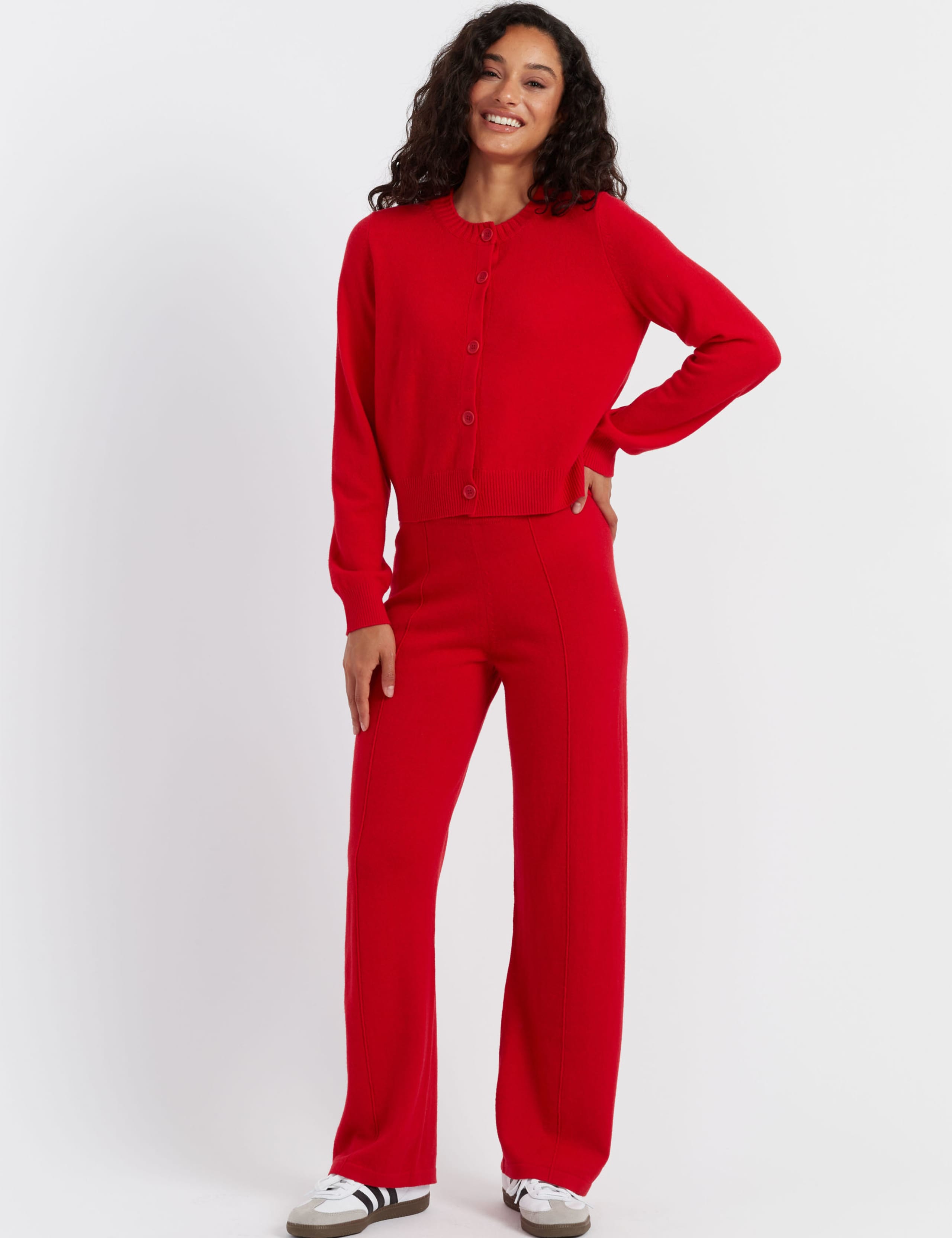Wool Rich Crew Neck Cardigan with Cashmere