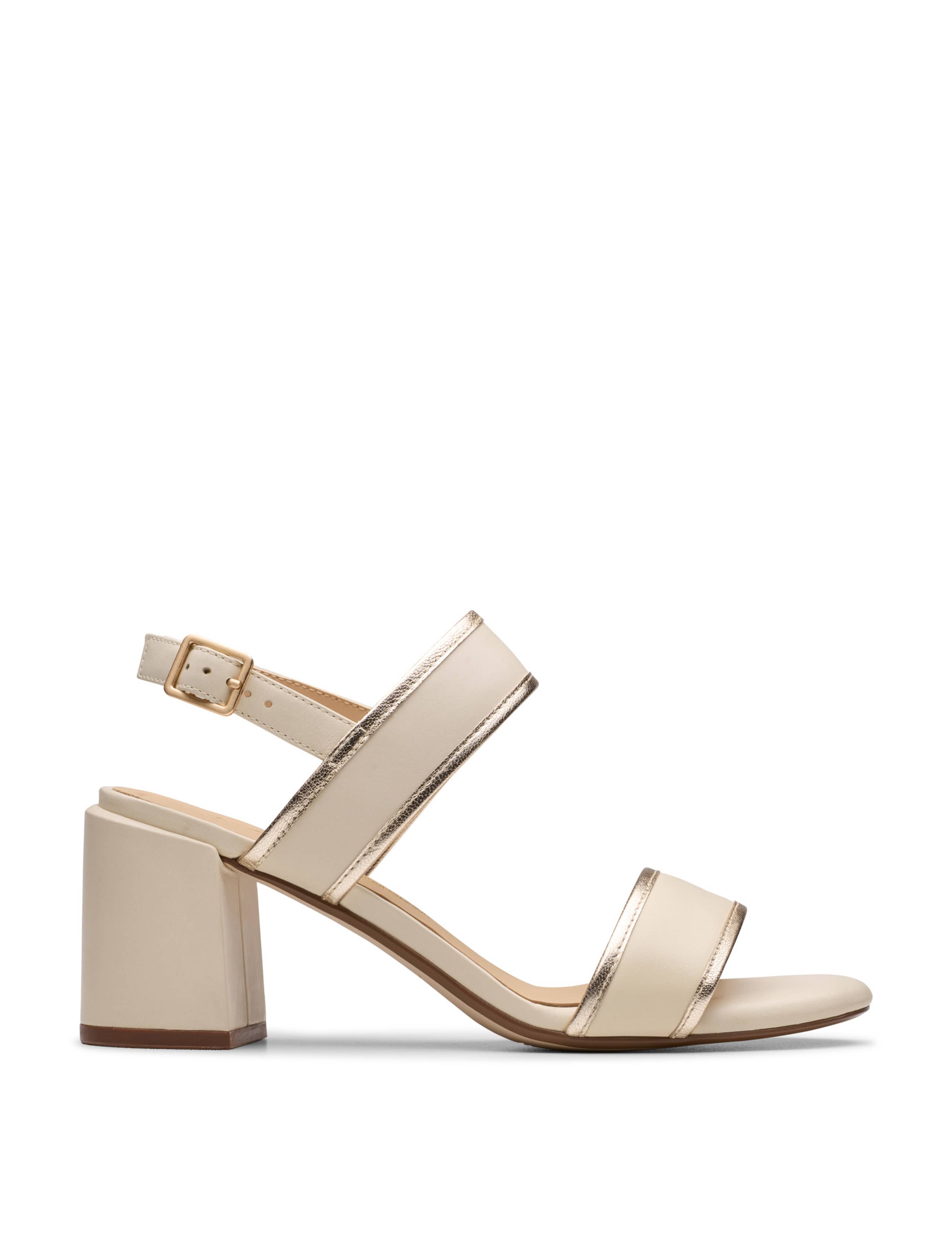 Leather Metallic Ankle Strap Block Heel Sandals