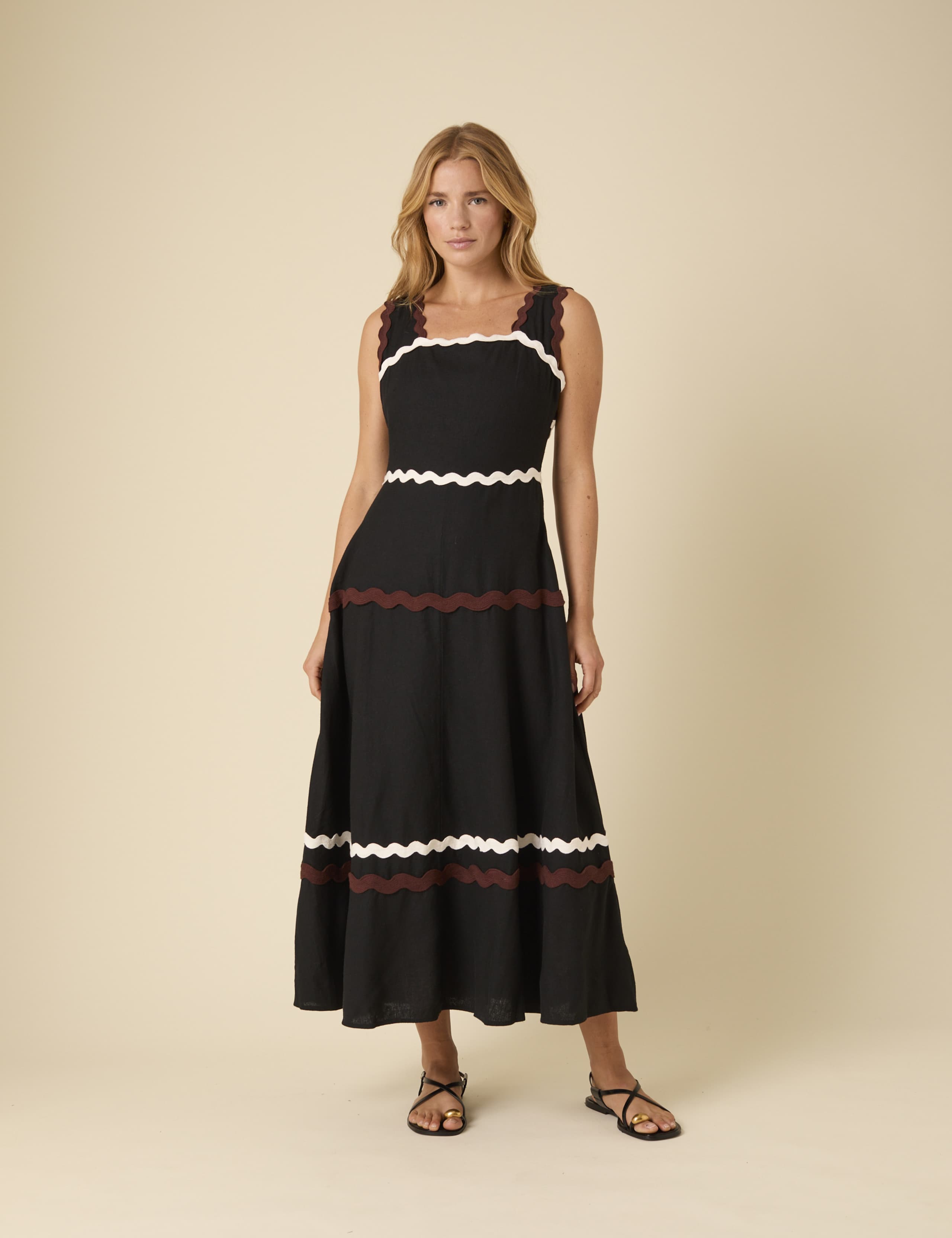 Linen Rich Square Neck Midi Tiered Dress