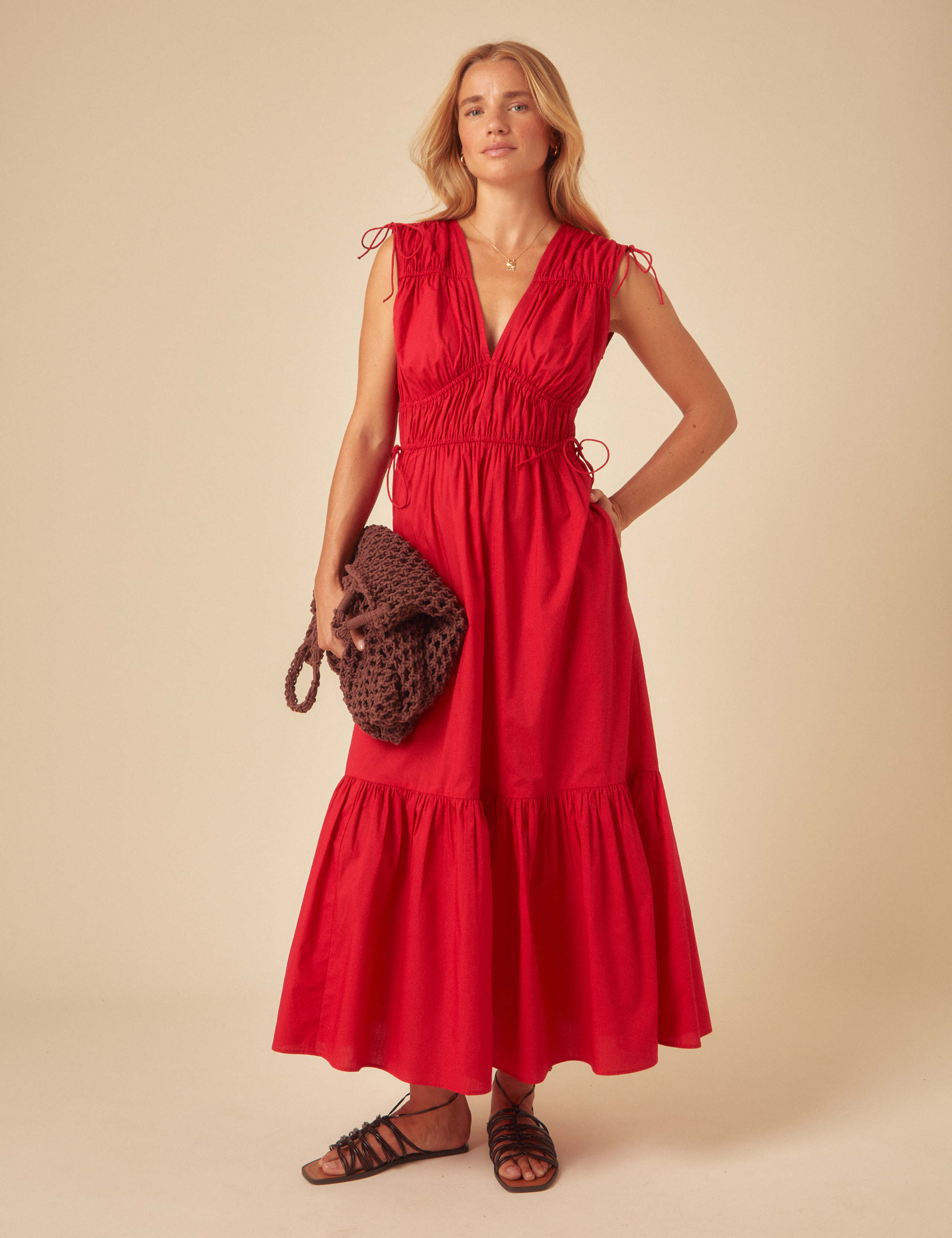Pure Cotton V-Neck Midaxi Tiered Dress