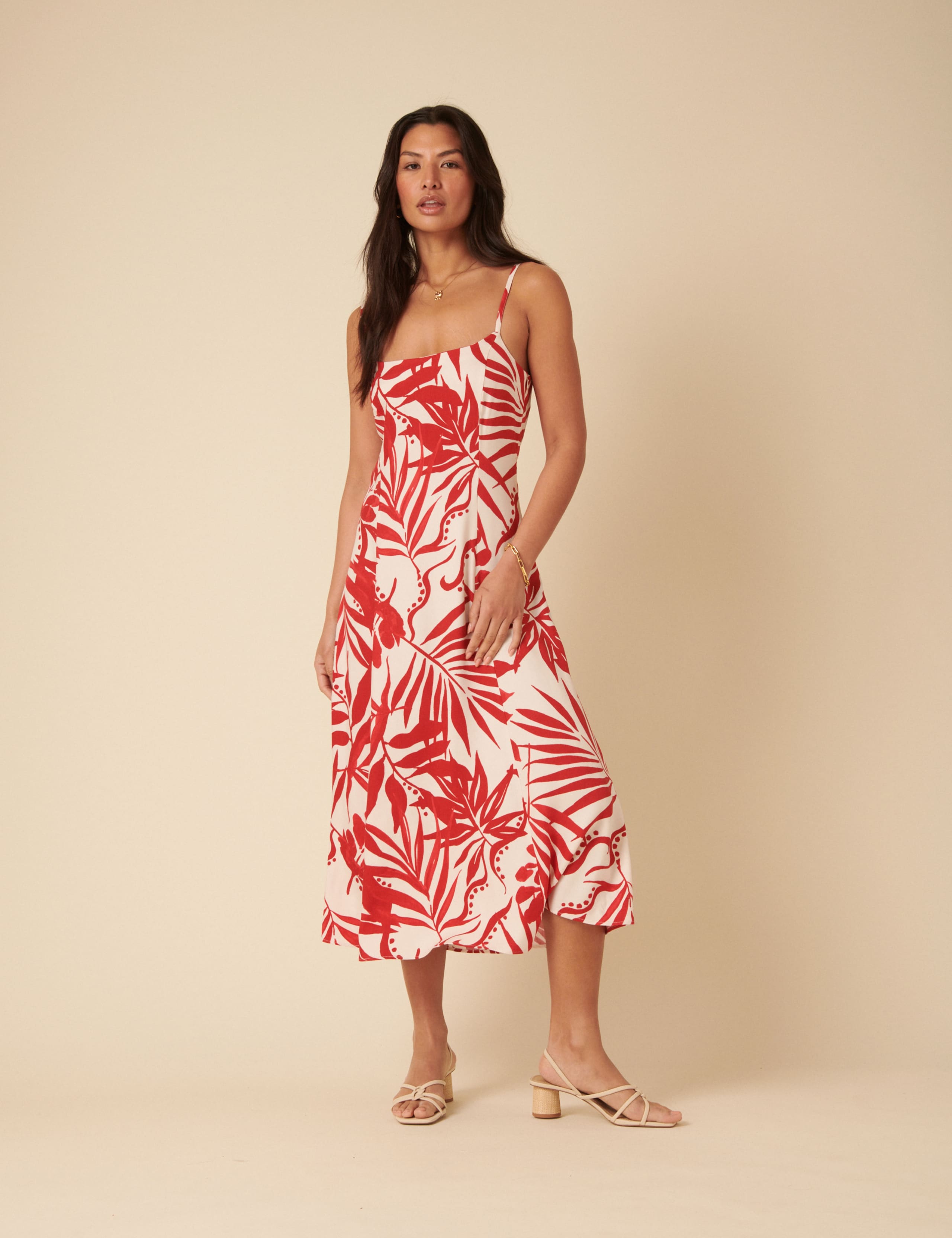 Leaf Print Square Neck Midi Slip Dress