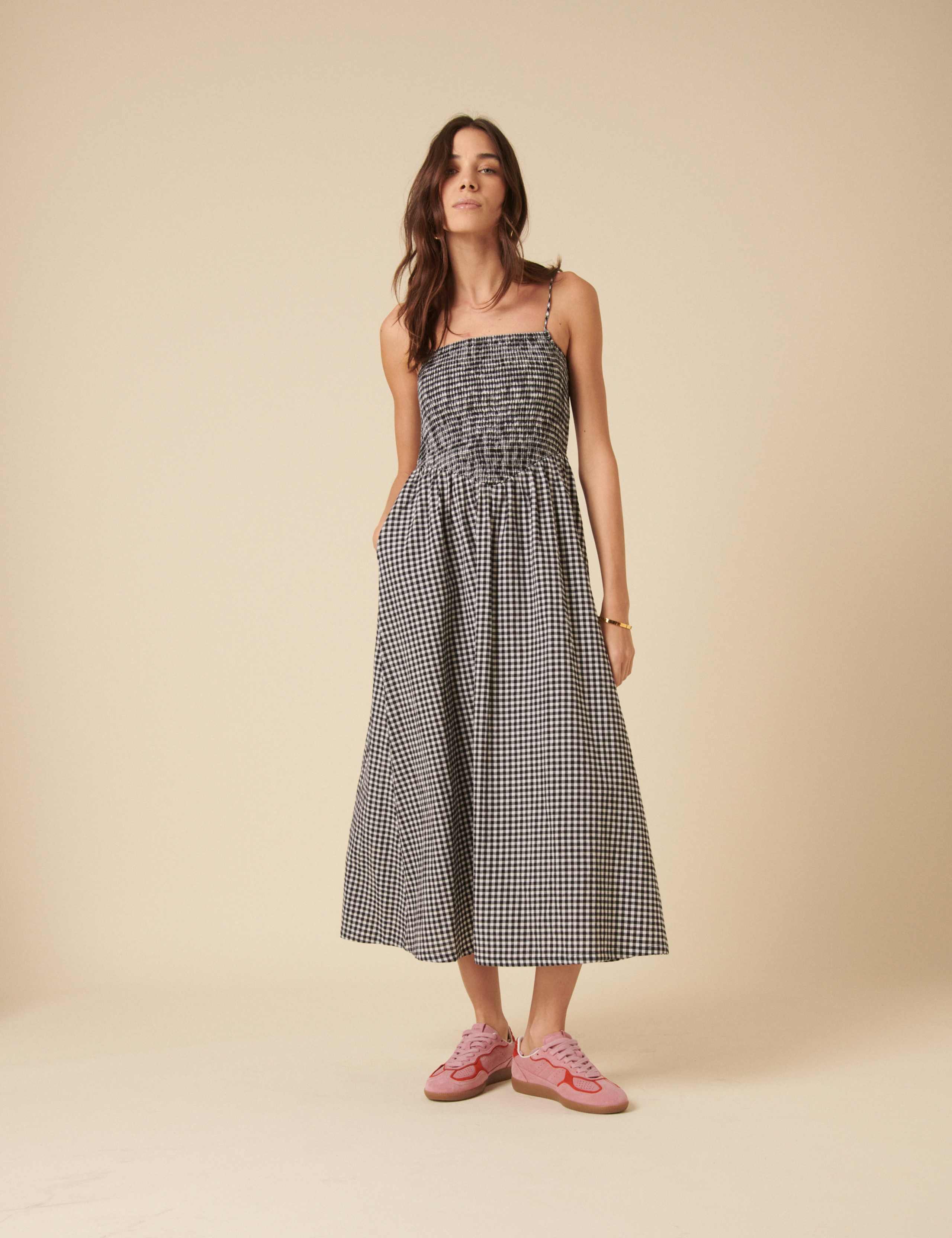 Pure Cotton Gingham Square Neck Strappy Midi Shirred Dress