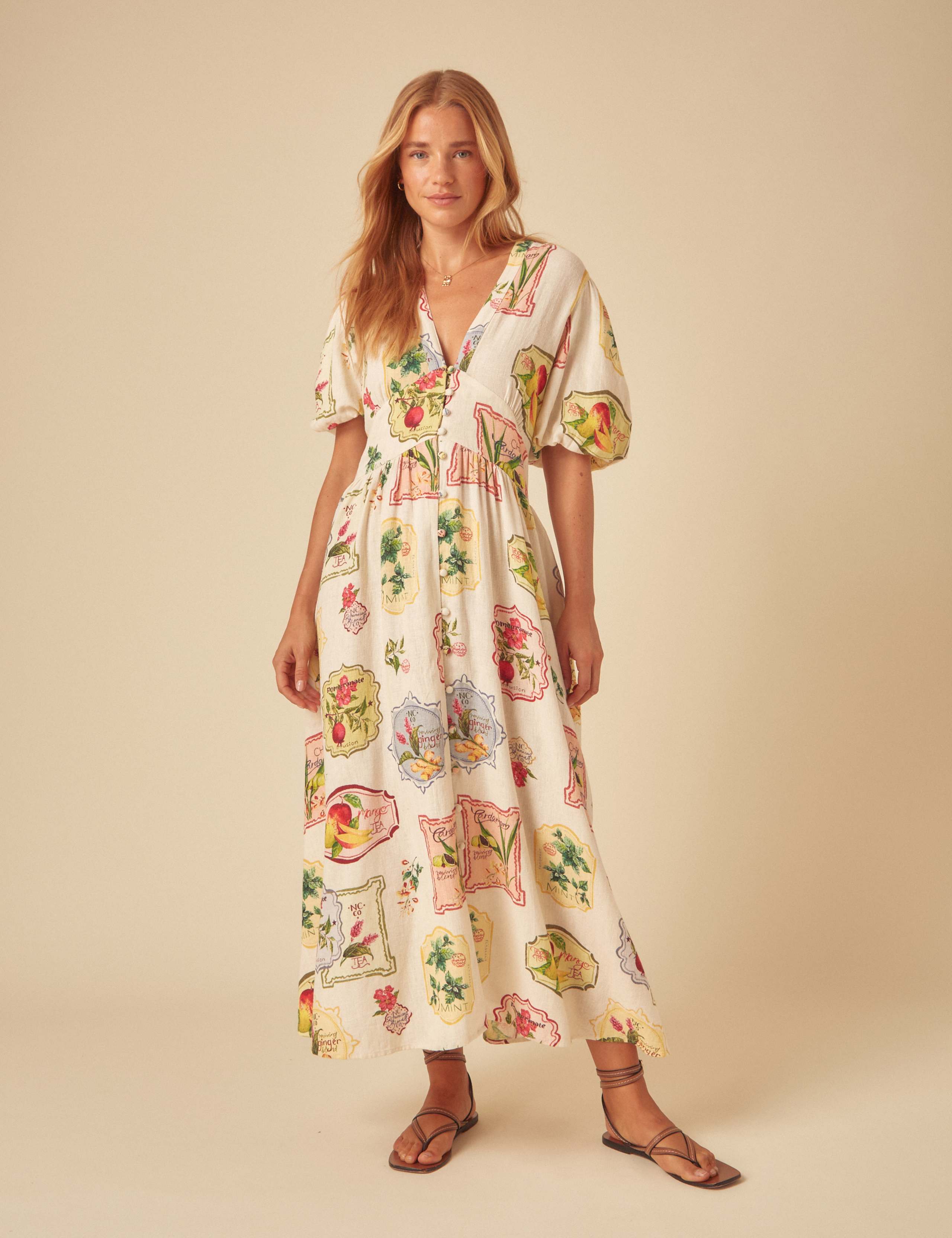 Linen Rich Fruit V-Neck Midaxi Dress