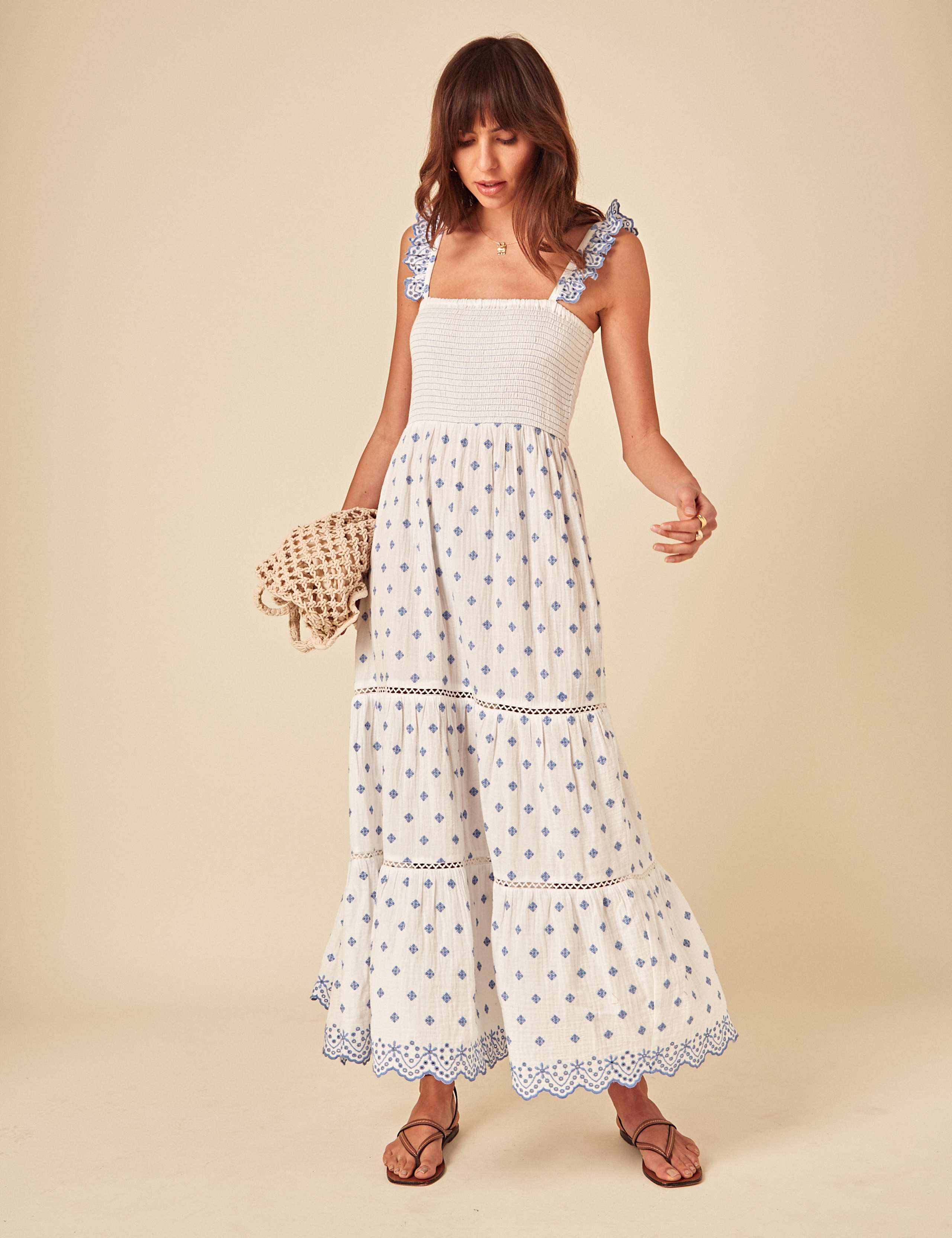 Pure Cotton Broderie Frill Strap Midaxi Tiered Dress
