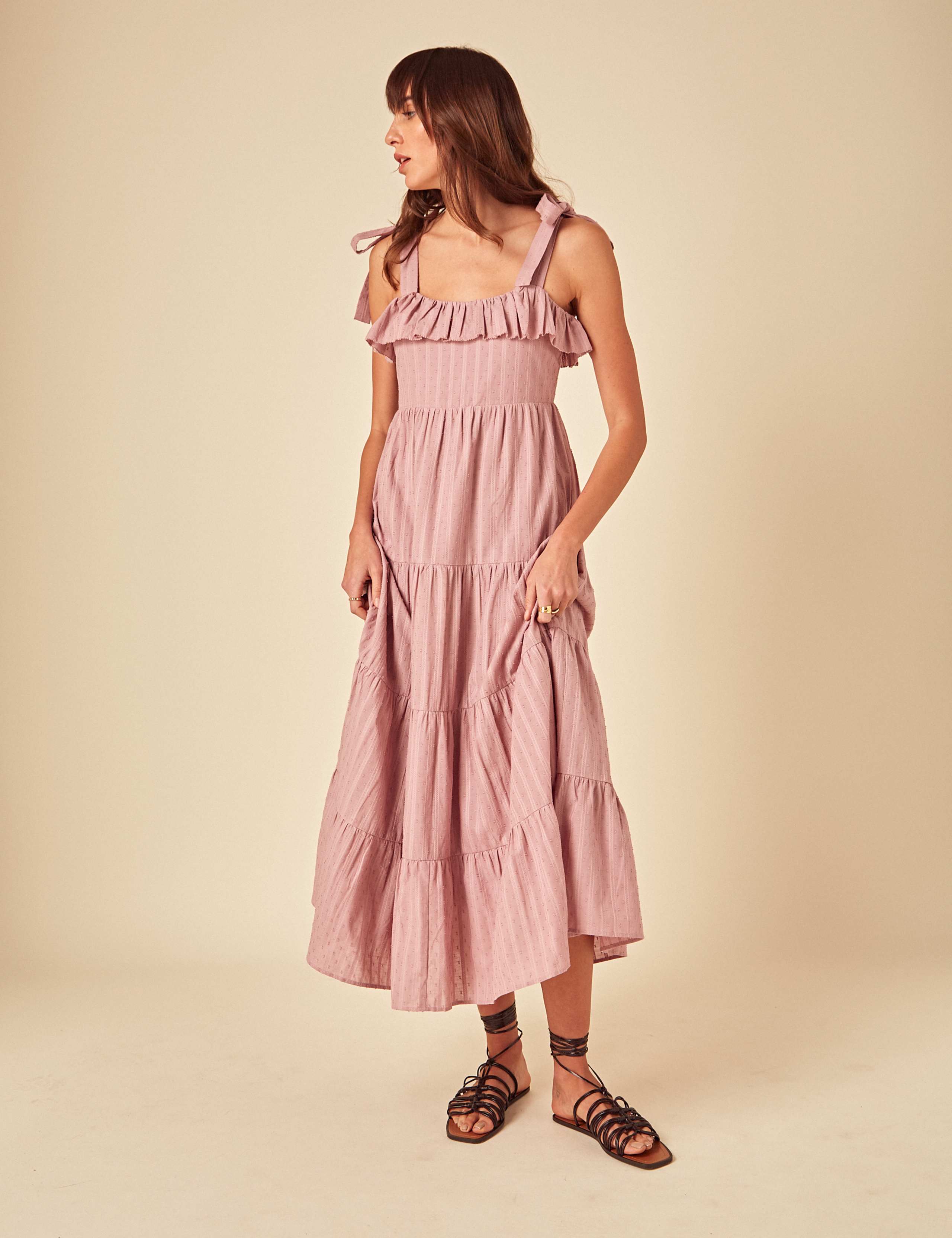 Pure Cotton Square Neck Midi Tiered Dress
