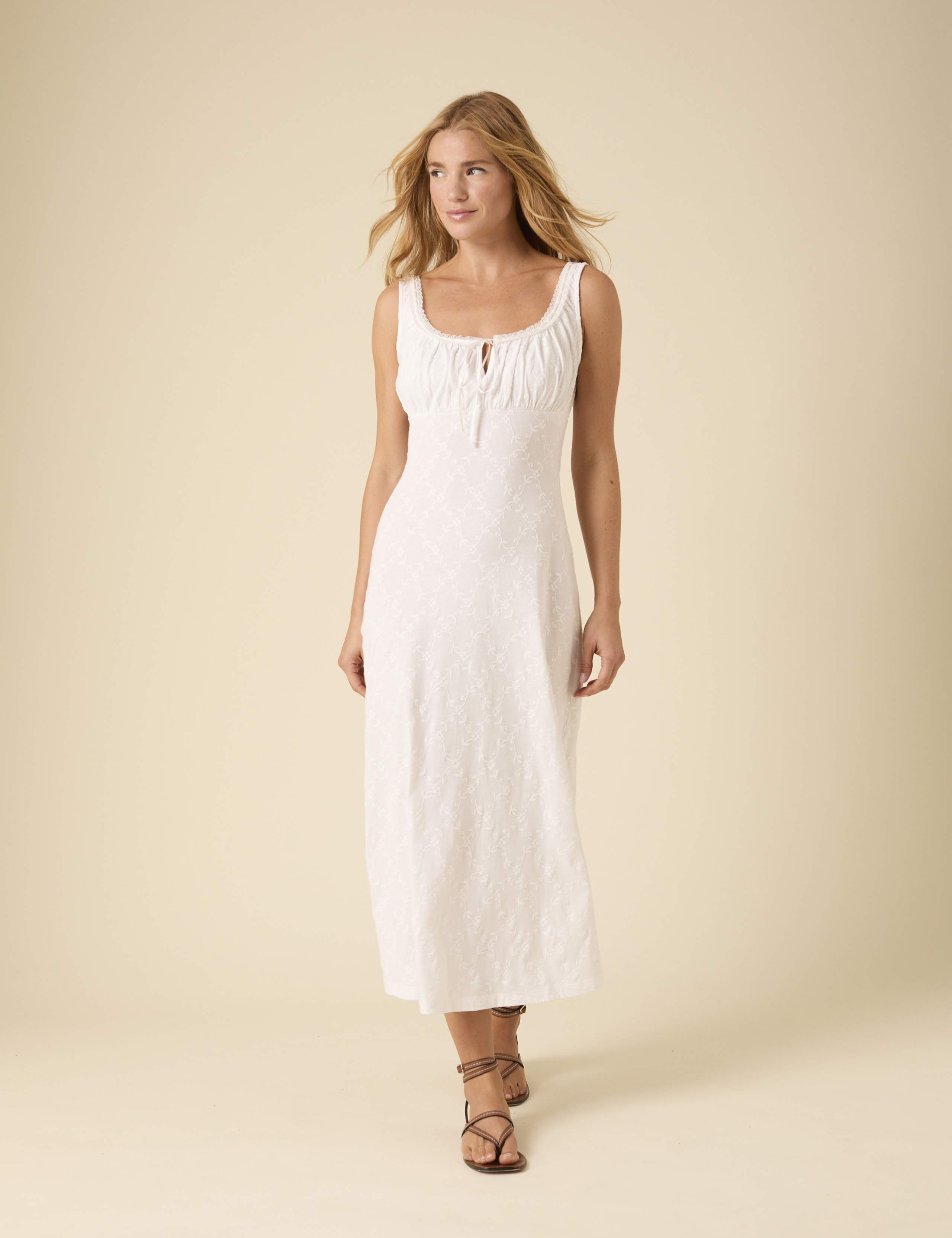Pure Cotton Embroidered Tie Neck Midi Dress