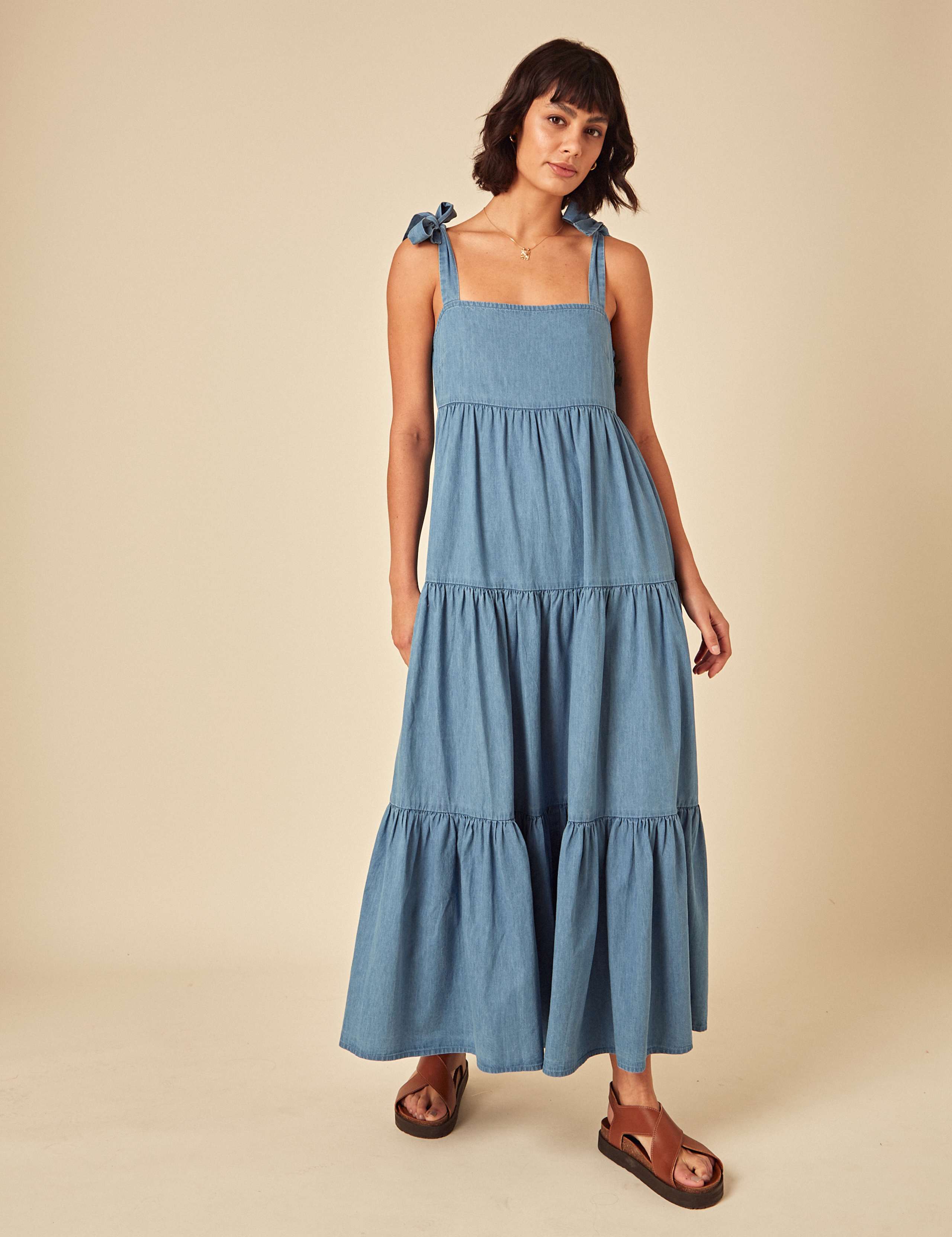 Denim Square Neck Midaxi Tiered Dress