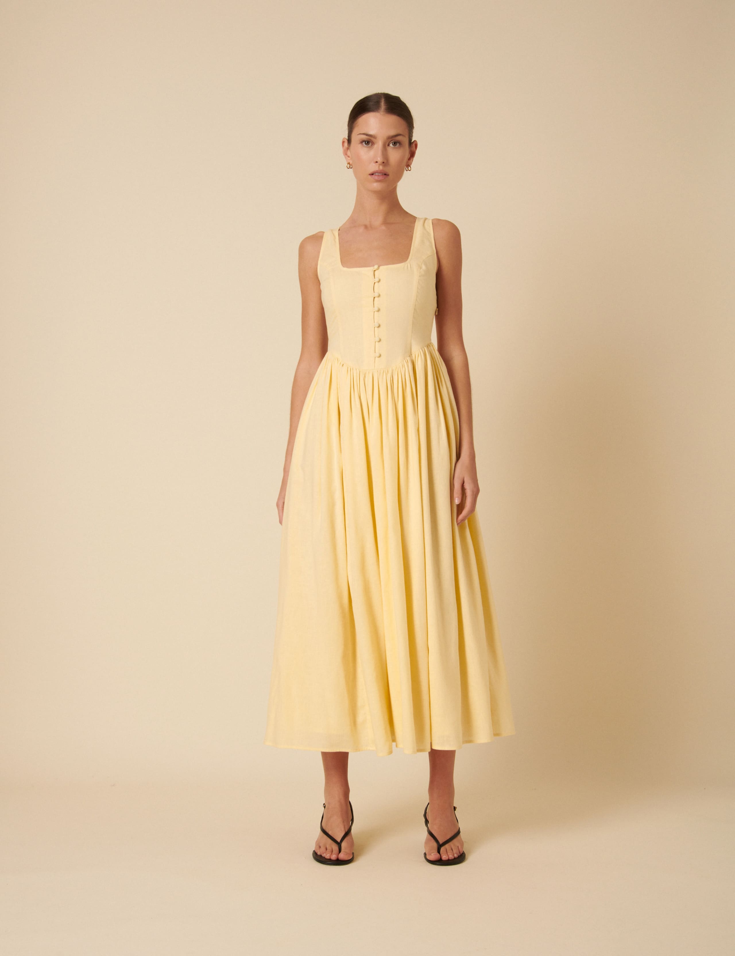 Linen Rich Square Neck Button Through Midaxi Waisted Dress