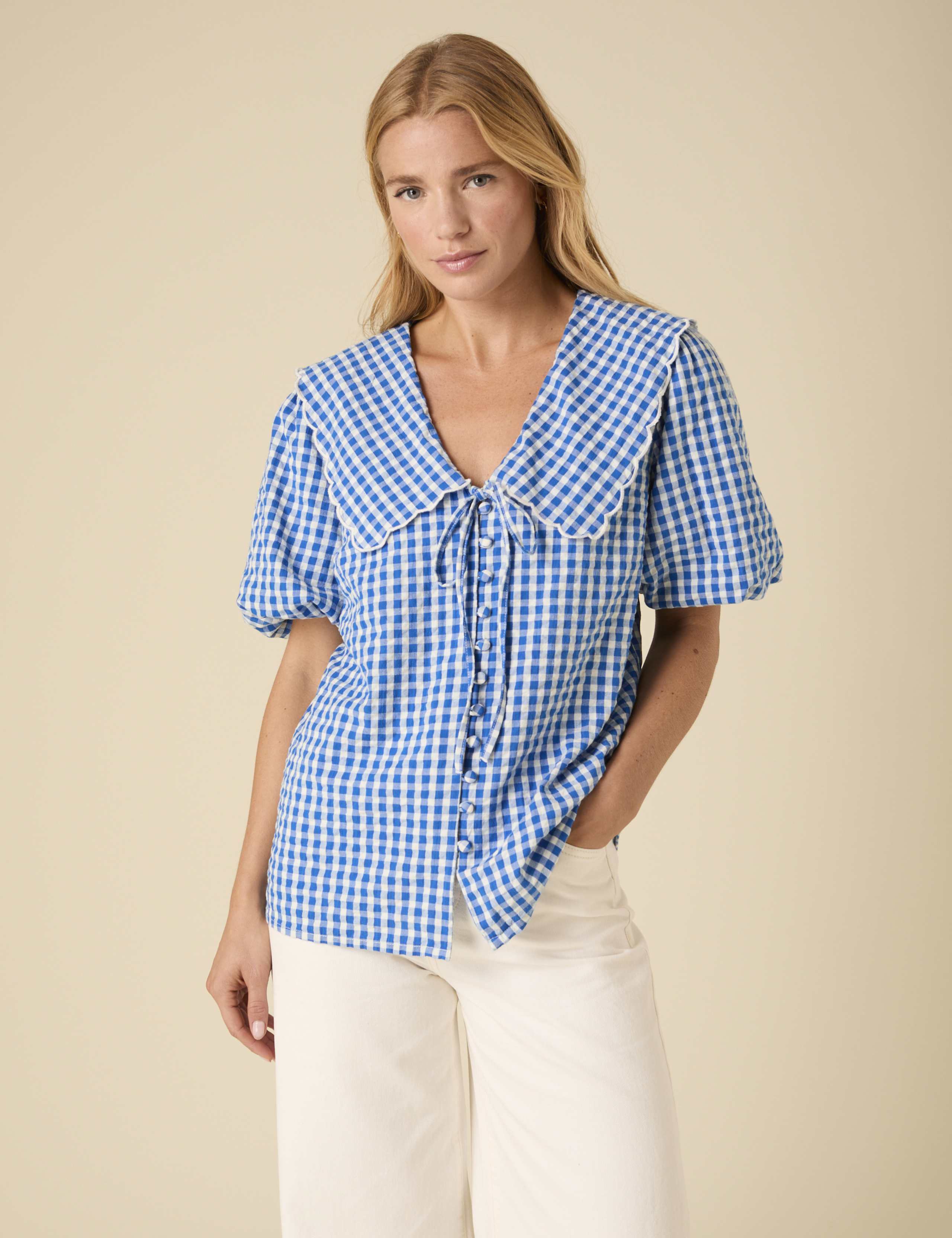 Pure Cotton Checked Peter Pan Collar Blouse