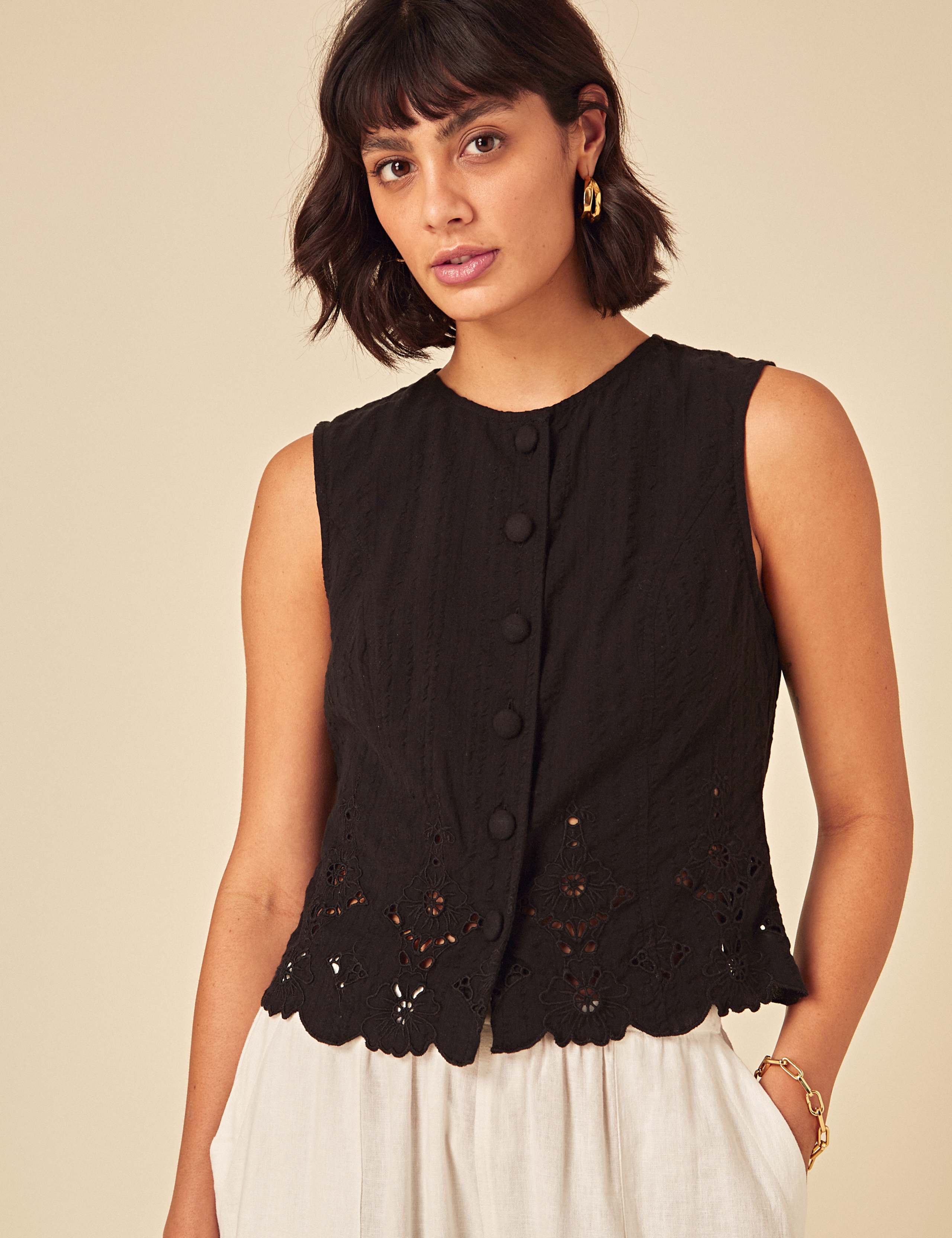 Pure Cotton Broderie Button Through Vest Top