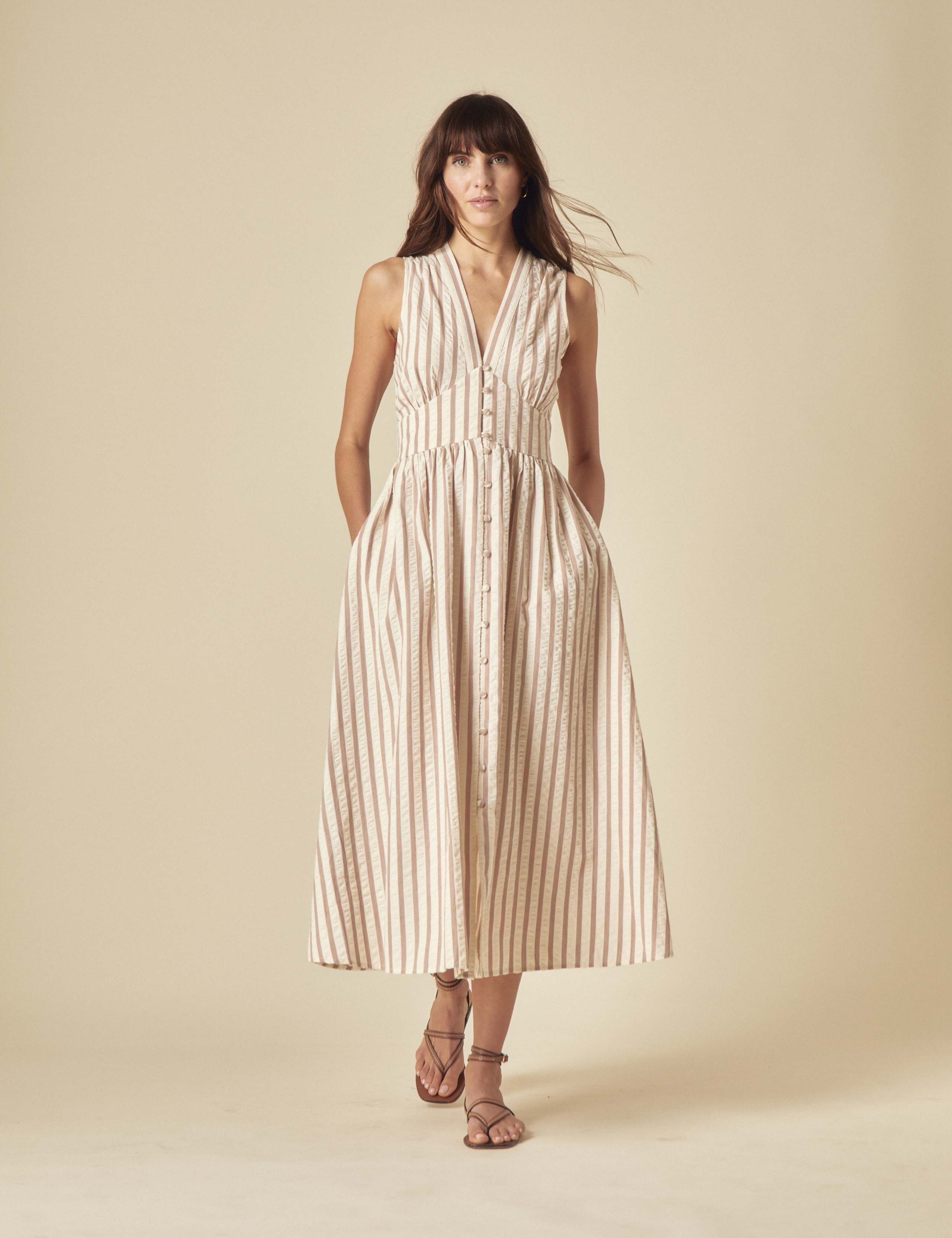 Pure Cotton Striped Midaxi Waisted Dress