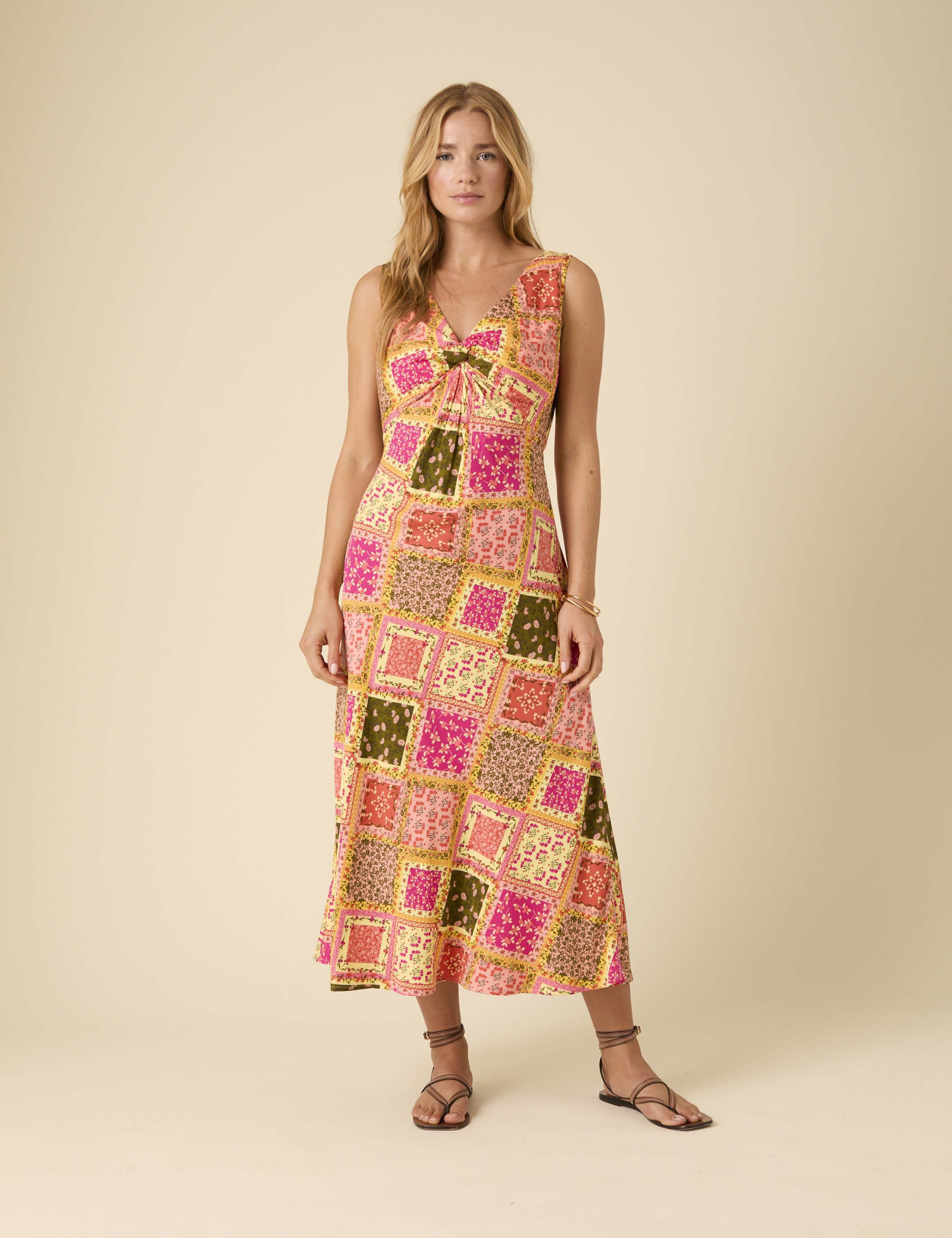 Patchwork VNeck Midi Slip Dress