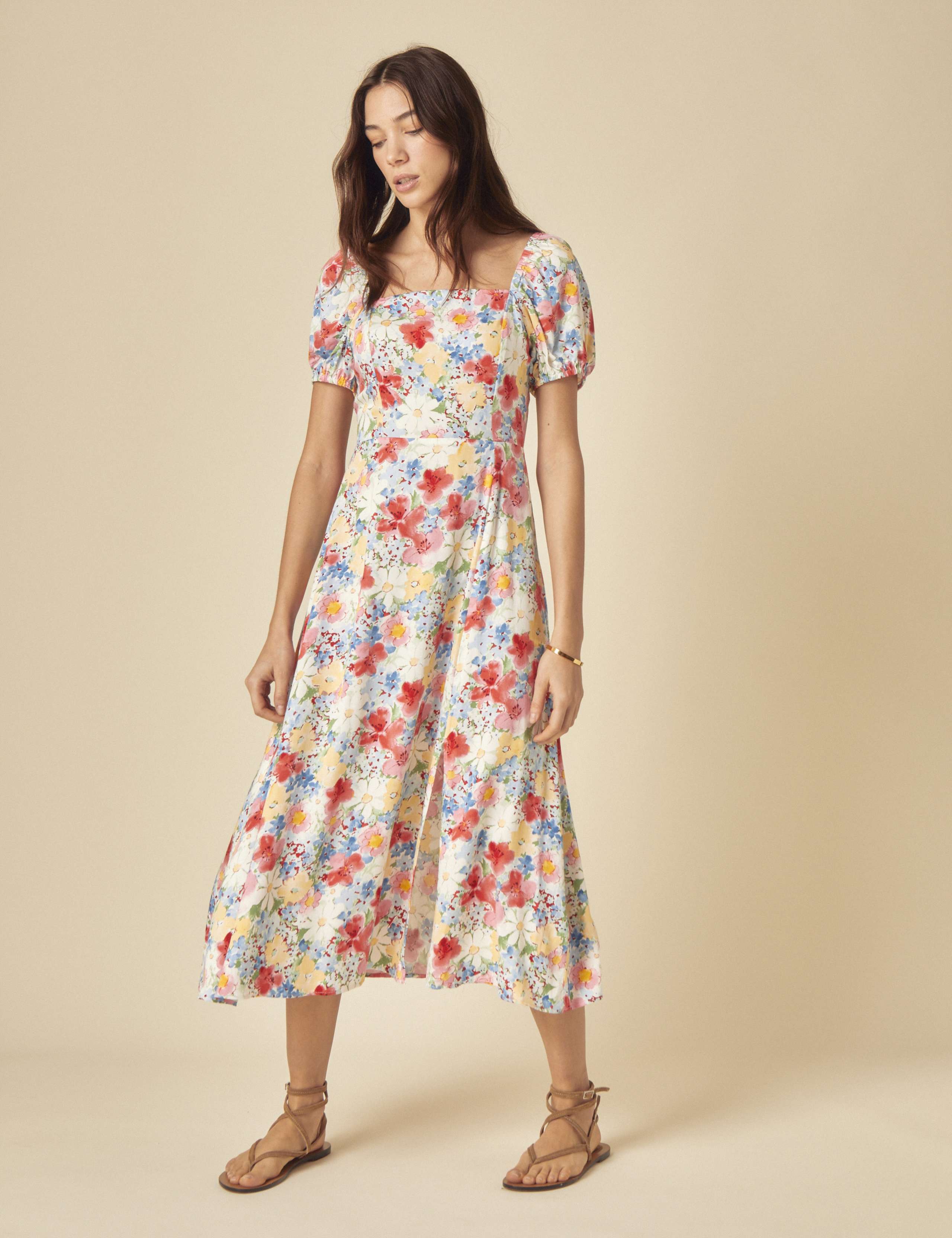 Floral Square Neck Midi Waisted Dress