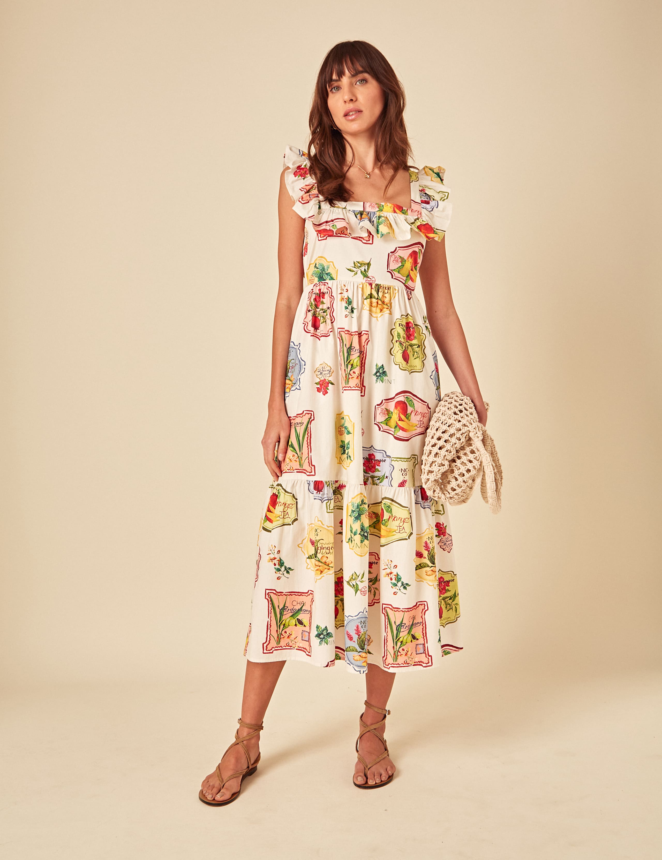 Pure Cotton Fruit Tea Print Midi Tiered Dress