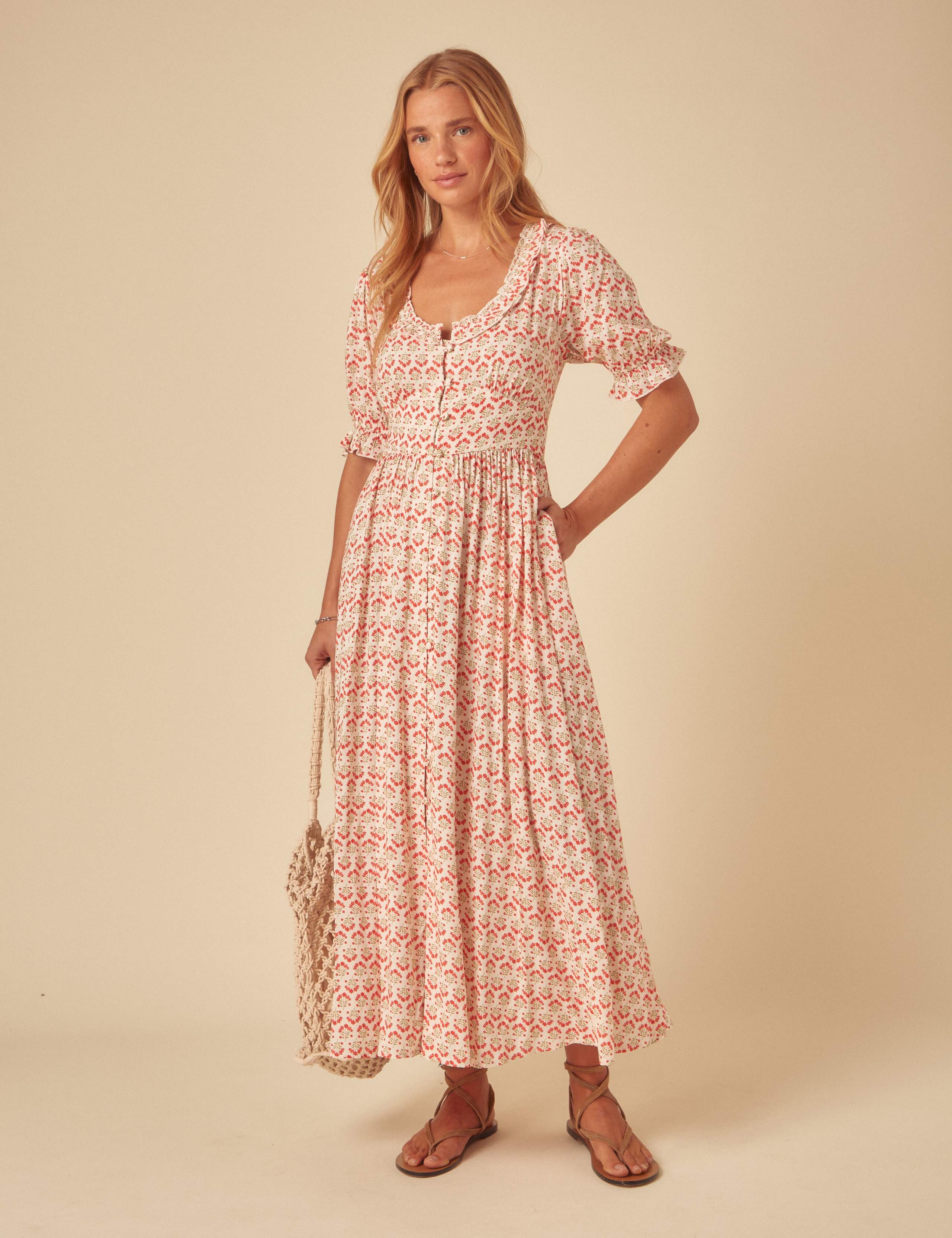 Floral Frill Detail Midaxi Waisted Dress