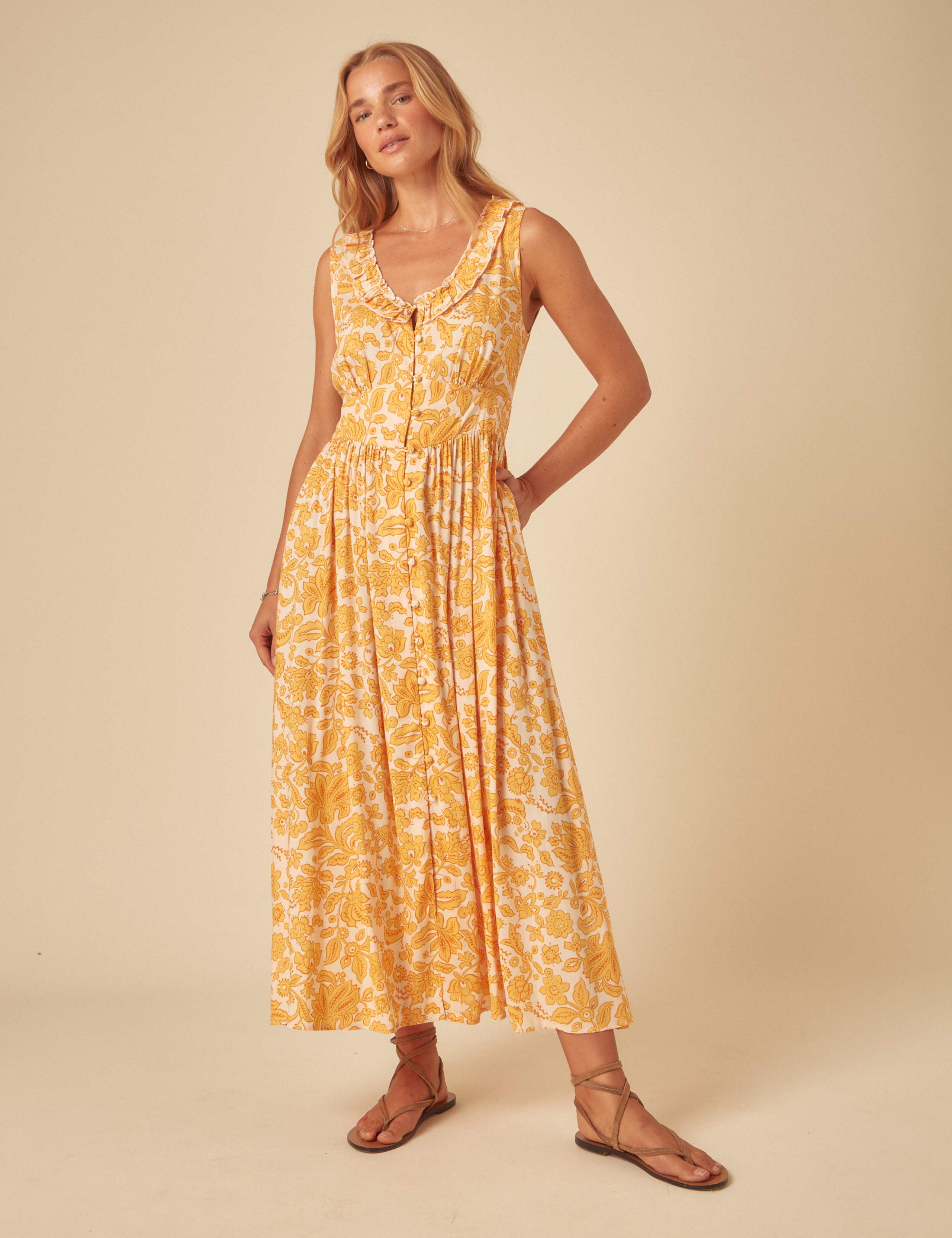 Pure Cotton Paisley Notch Neck Waisted Dress