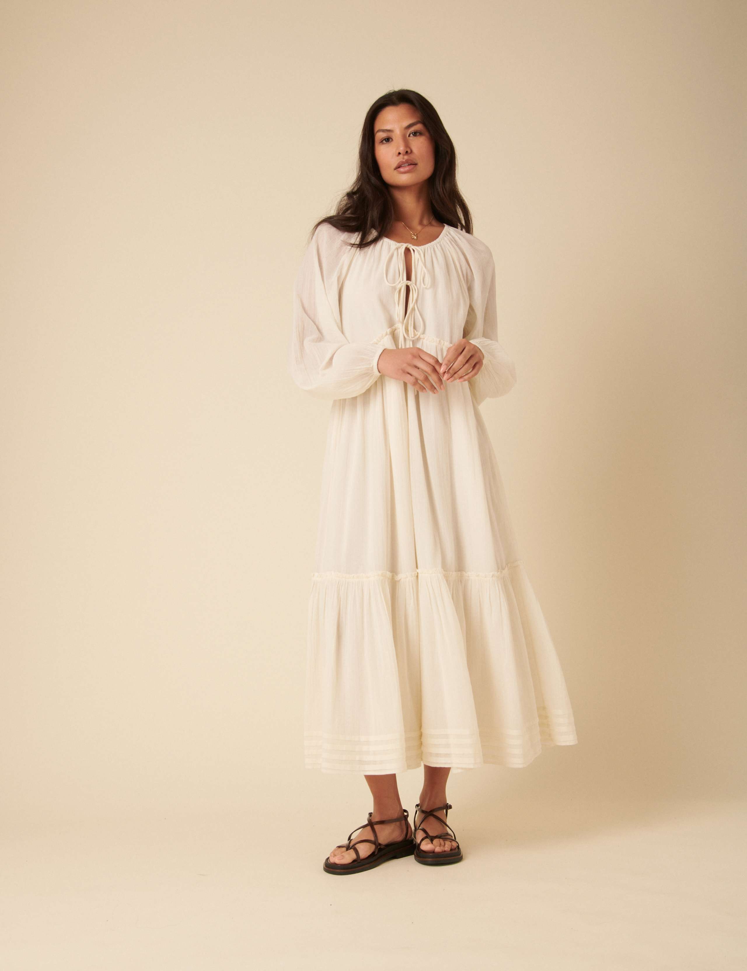 Pure Cotton Tie Neck Midaxi Smock Dress