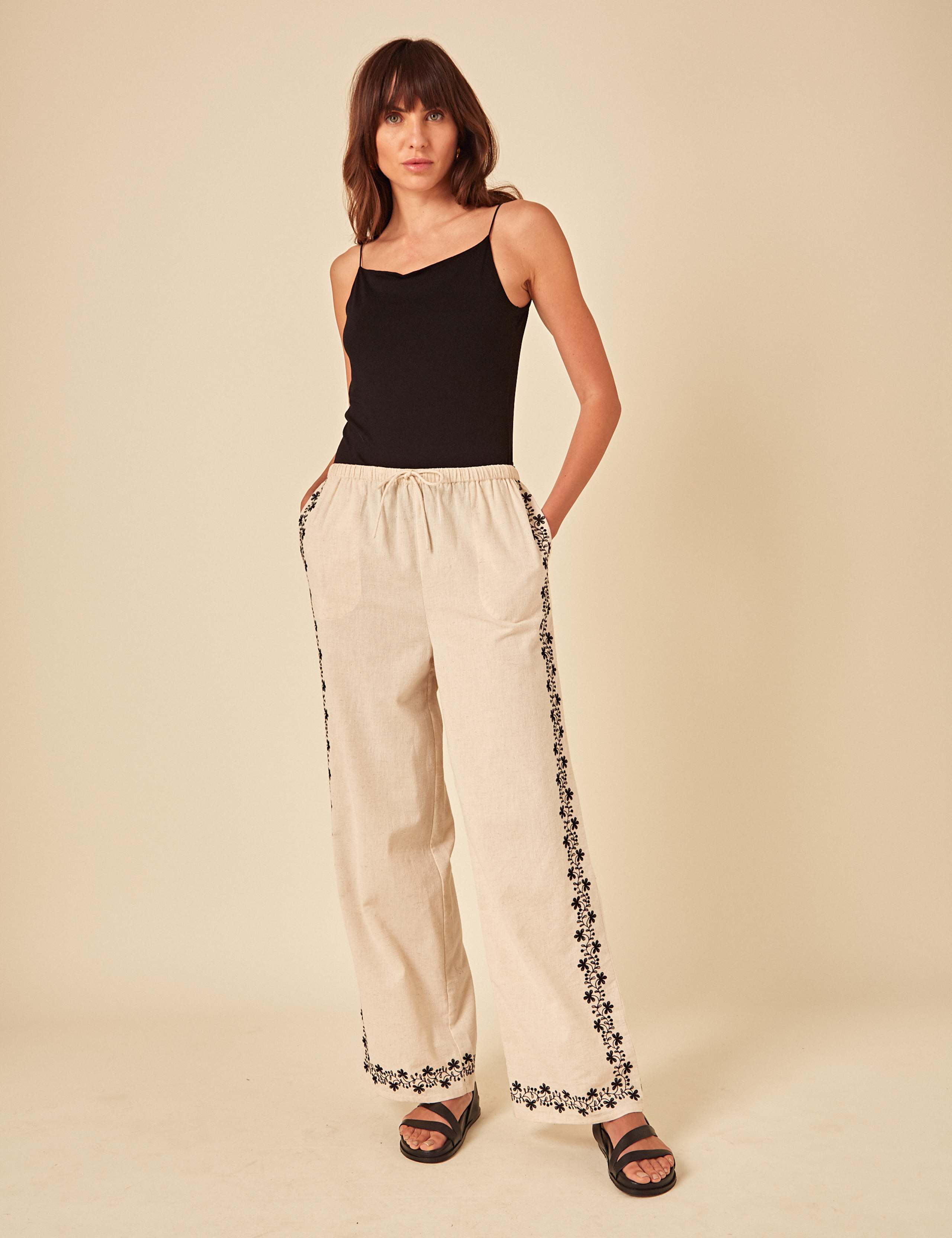 Cotton Rich Embroidered Drawstring Trousers