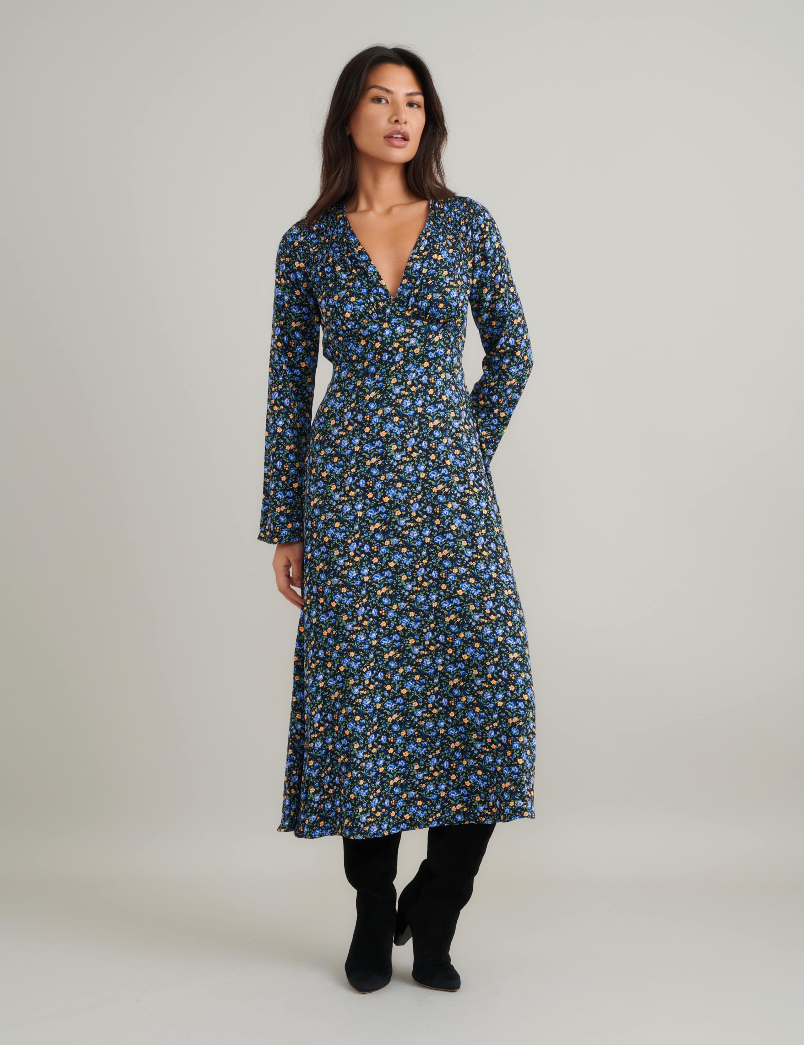 Floral V-Neck Midi Tea Dress