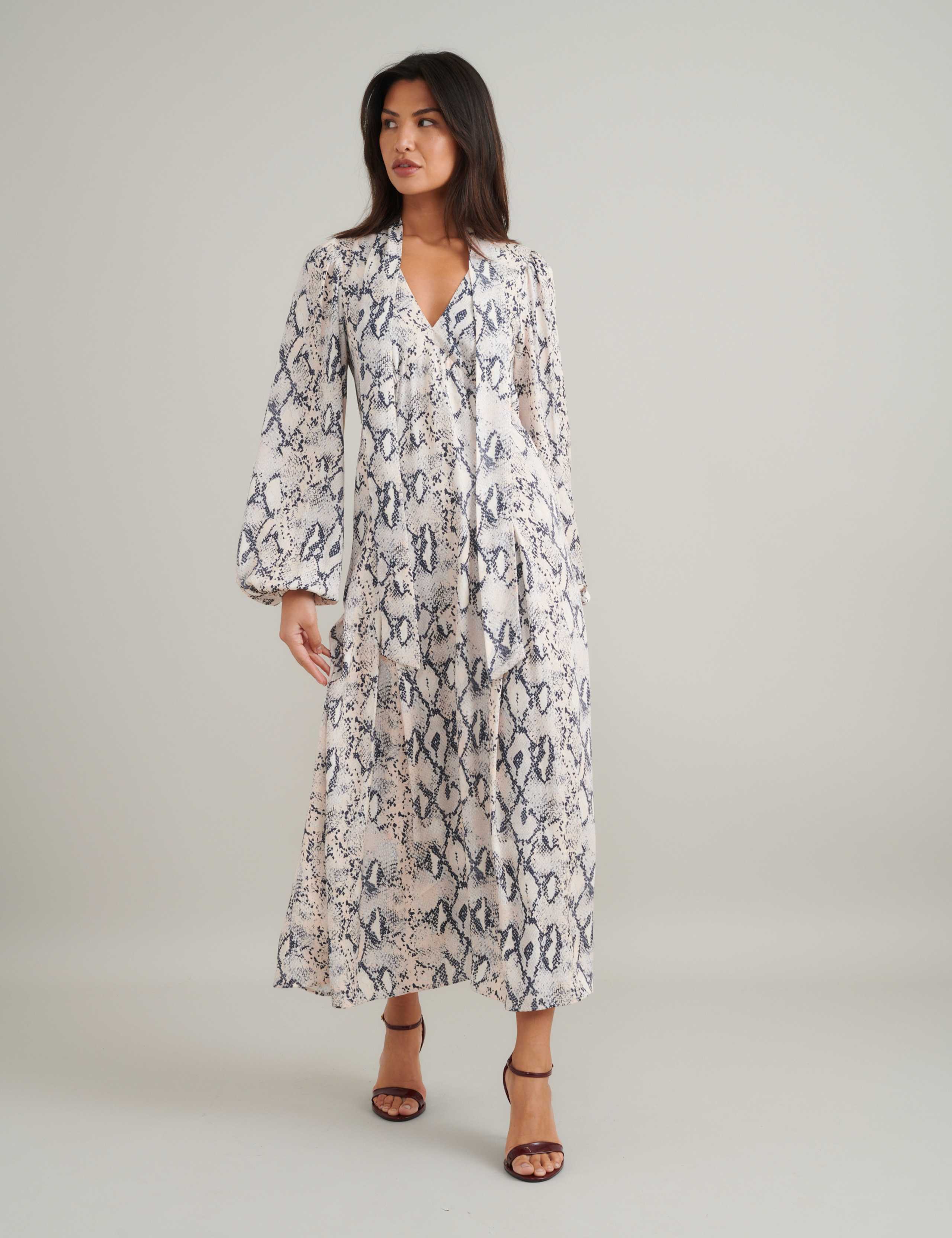Snake Print V-Neck Midi Smock Dress
