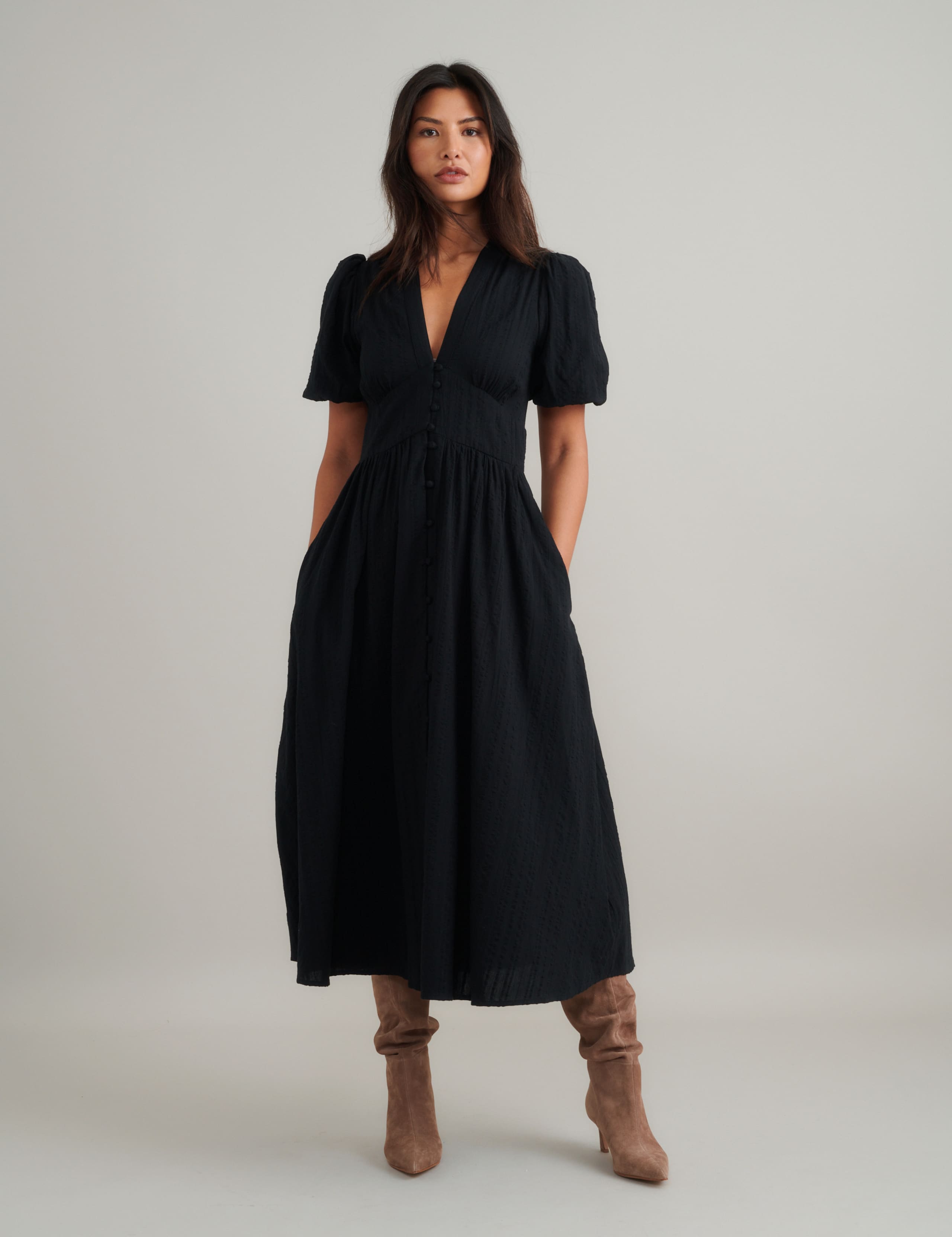 Pure Cotton Puff Sleeve Waisted Midi Dress