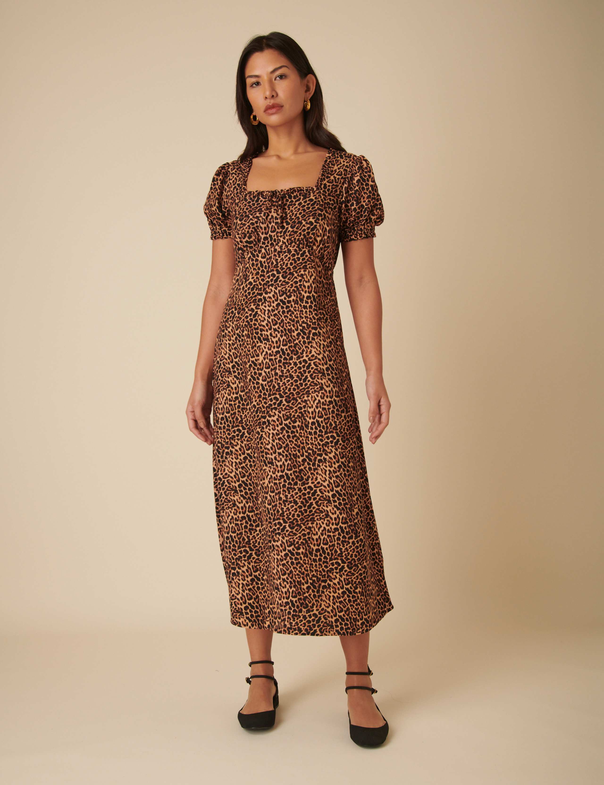 Leopard Print Square Neck Midi Tea Dress