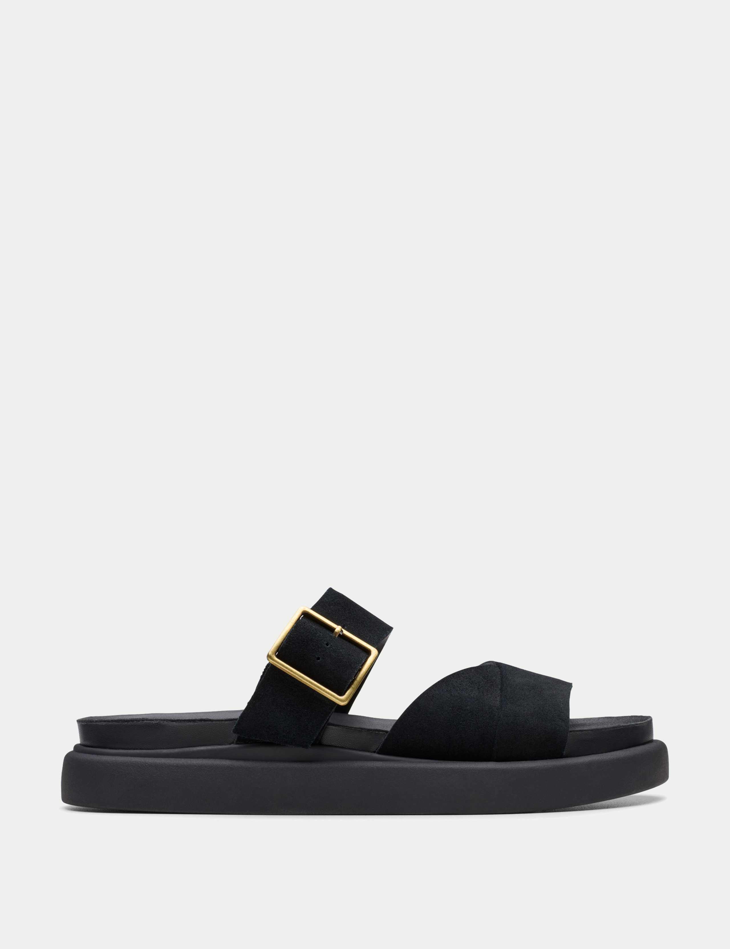 Suede Buckle Flatform Mules