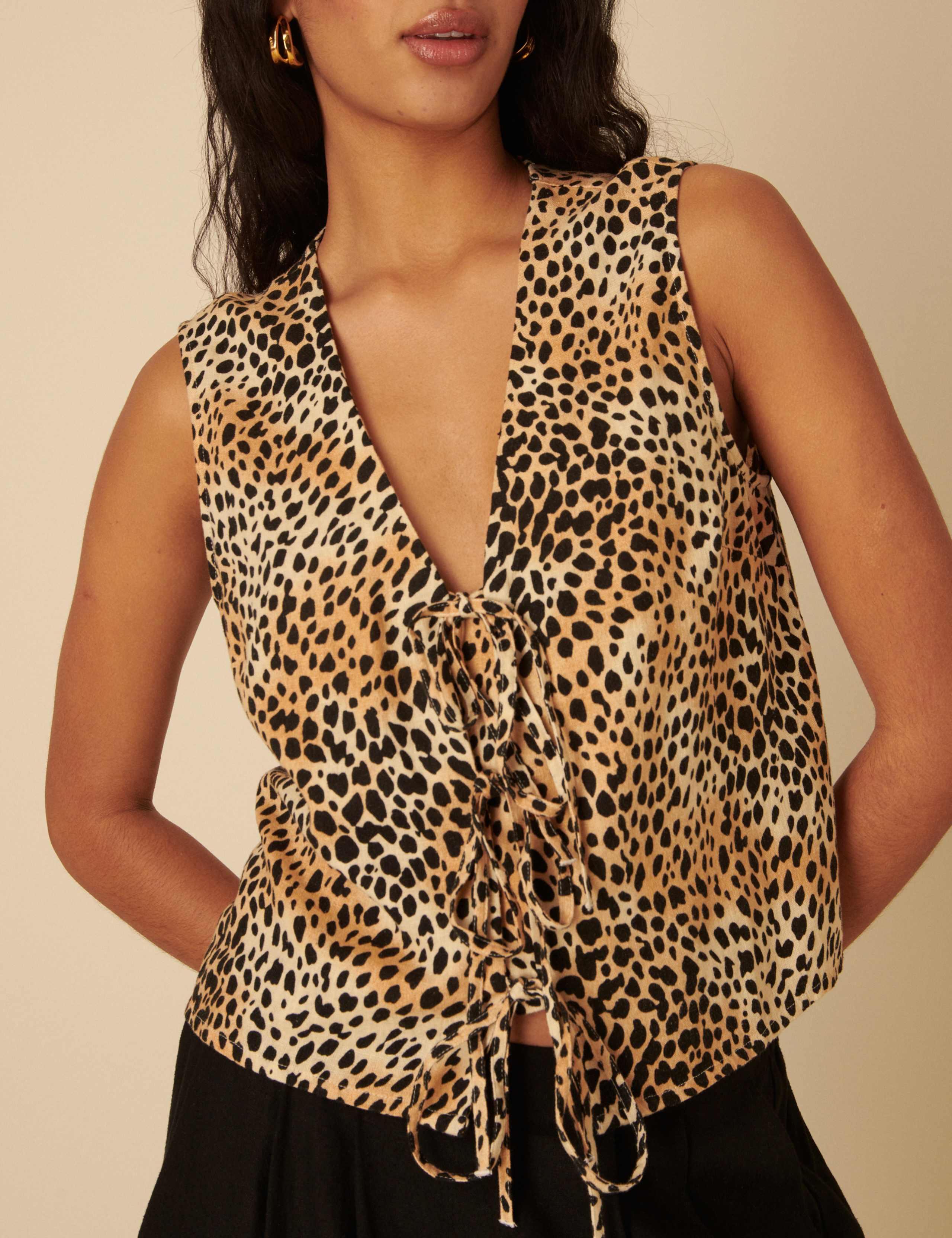 Linen Rich Animal Print Tie Front Vest