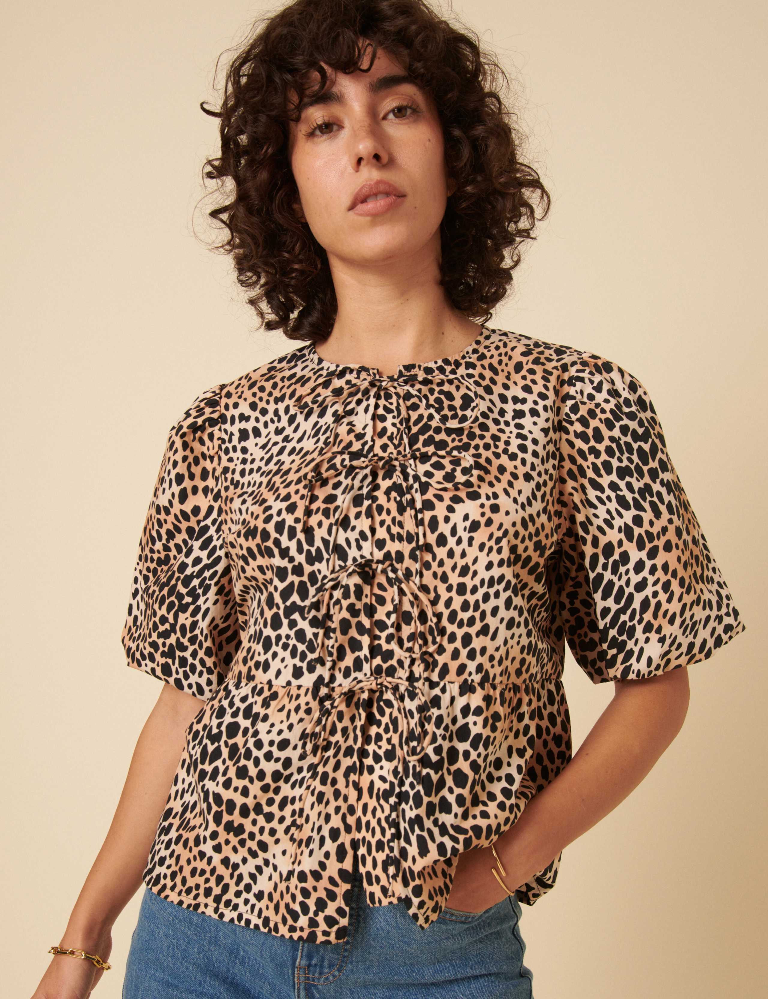 Pure Cotton Animal Print Collarless Tie Front Puff Sleeve Blouse