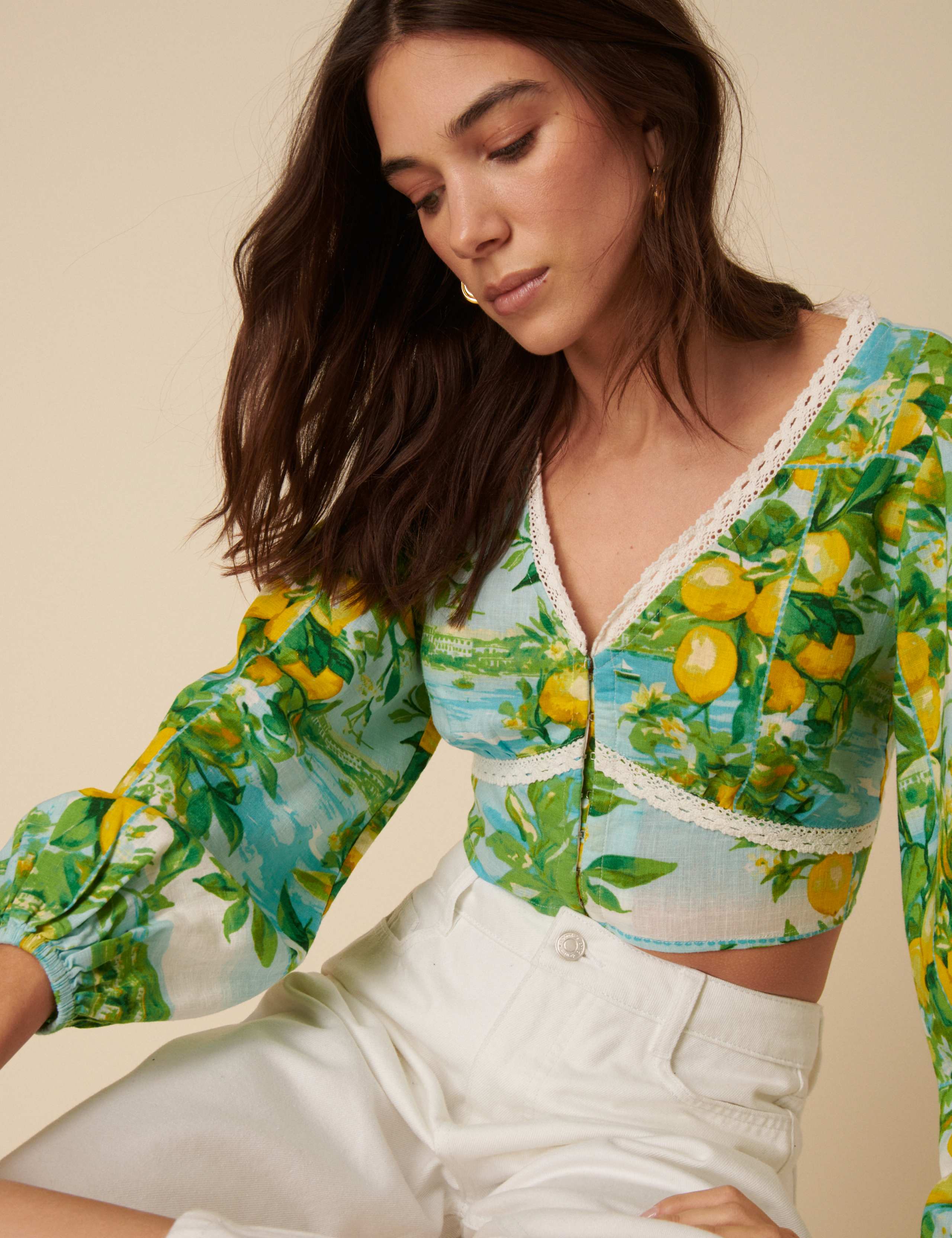 Printed V-Neck Lace Detail Top with Linen