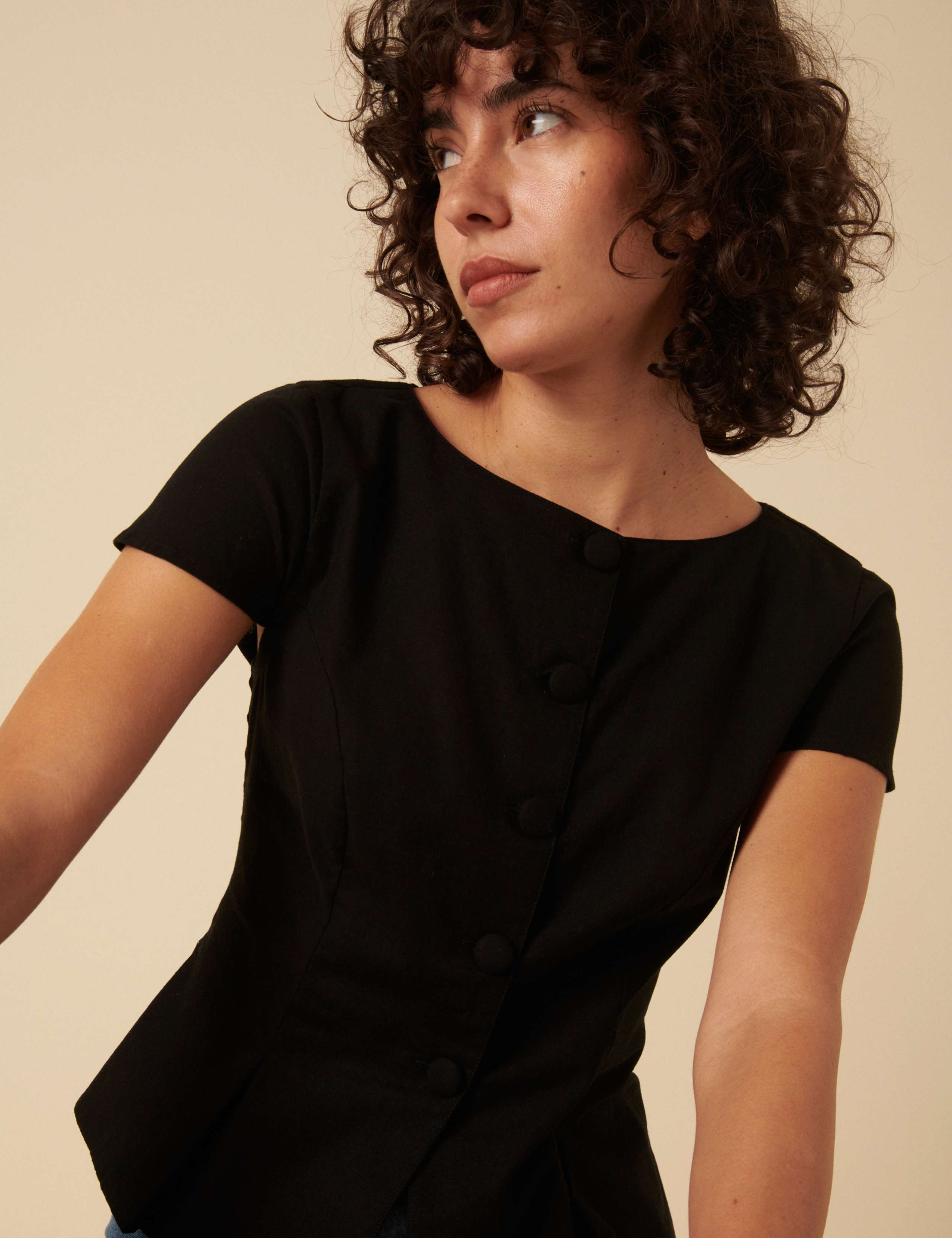 Linen Blend Pleat Detail Button Through Top