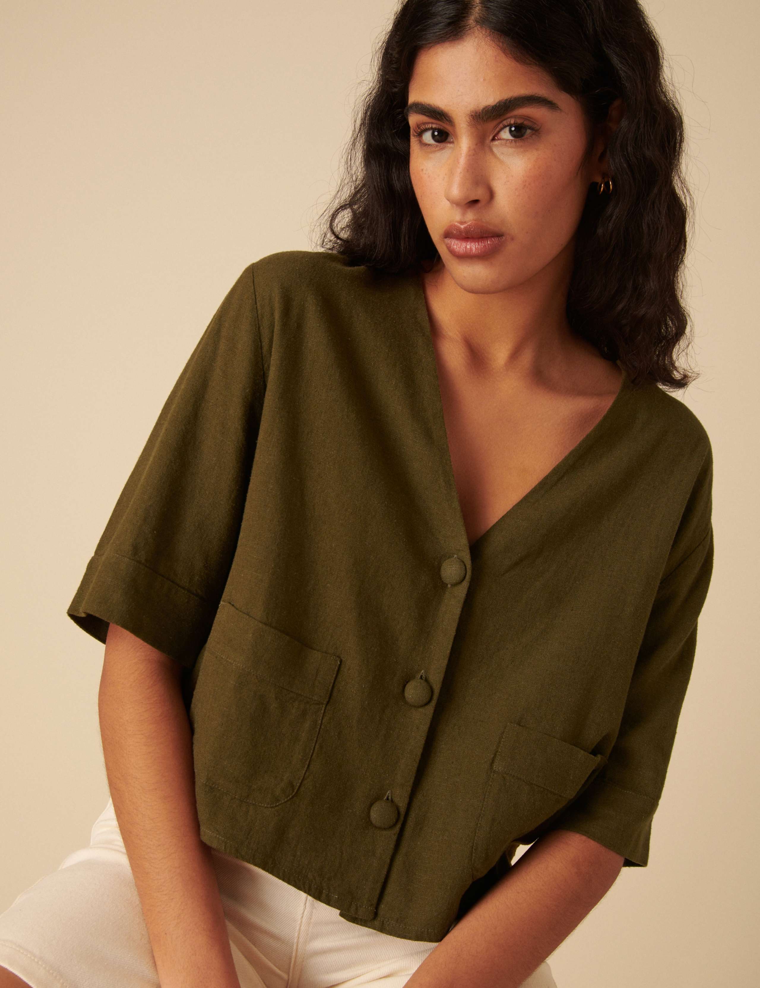 Linen Rich V-Neck Relaxed Shirt