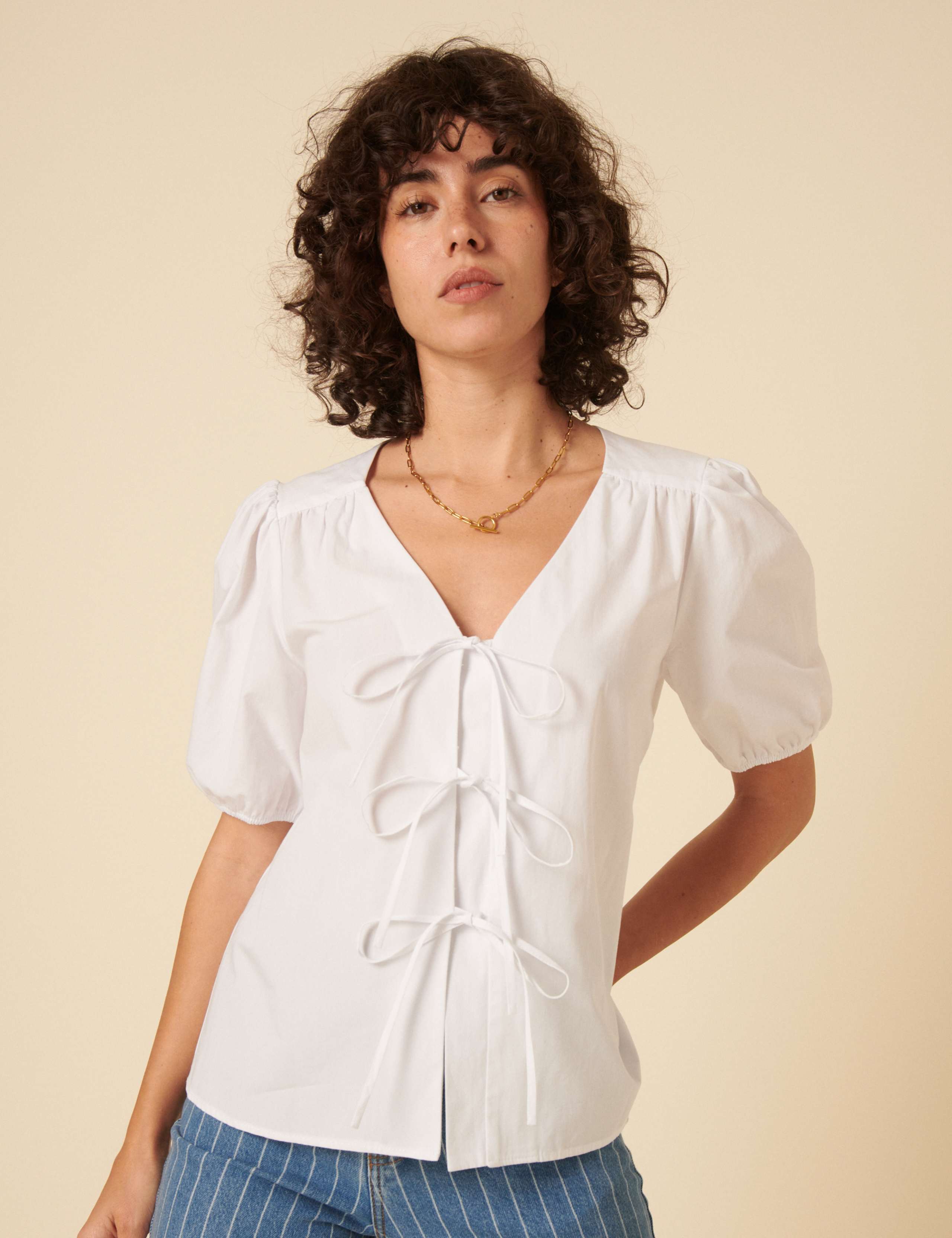 Pure Cotton V-Neck Relaxed Puff Sleeve Blouse