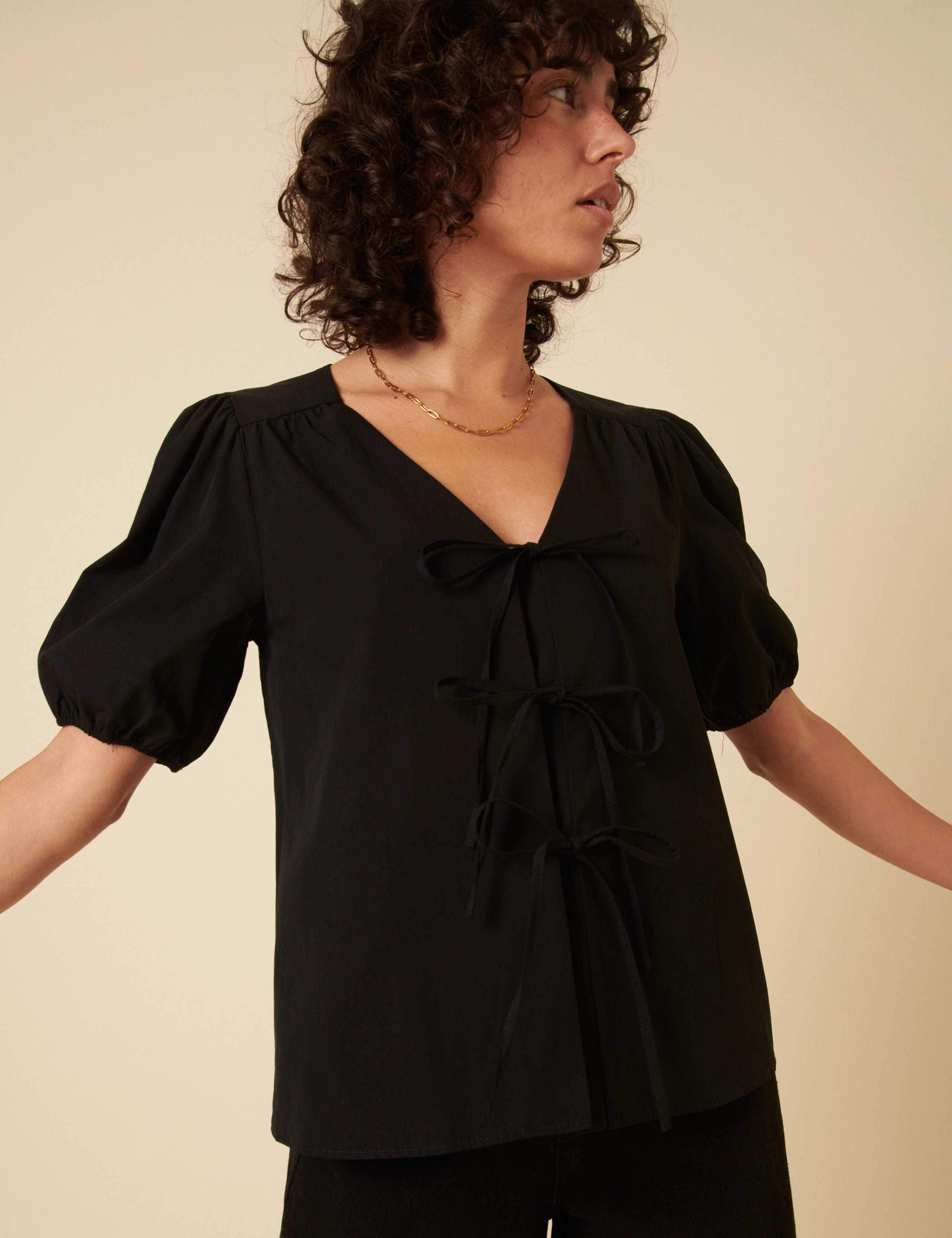 Pure Cotton V-Neck Relaxed Puff Sleeve Blouse