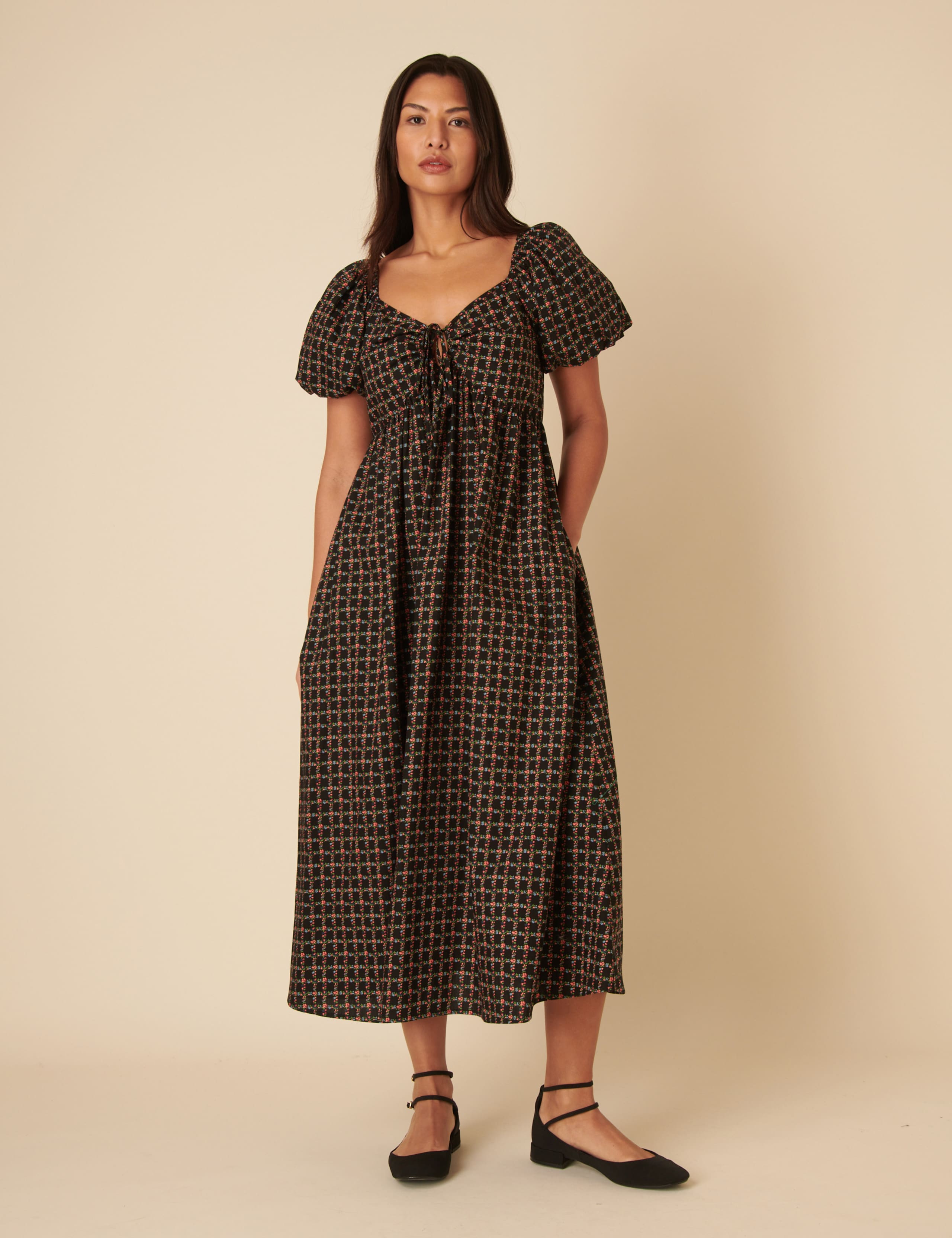 Pure Cotton Floral Tie Neck Midi Smock Dress
