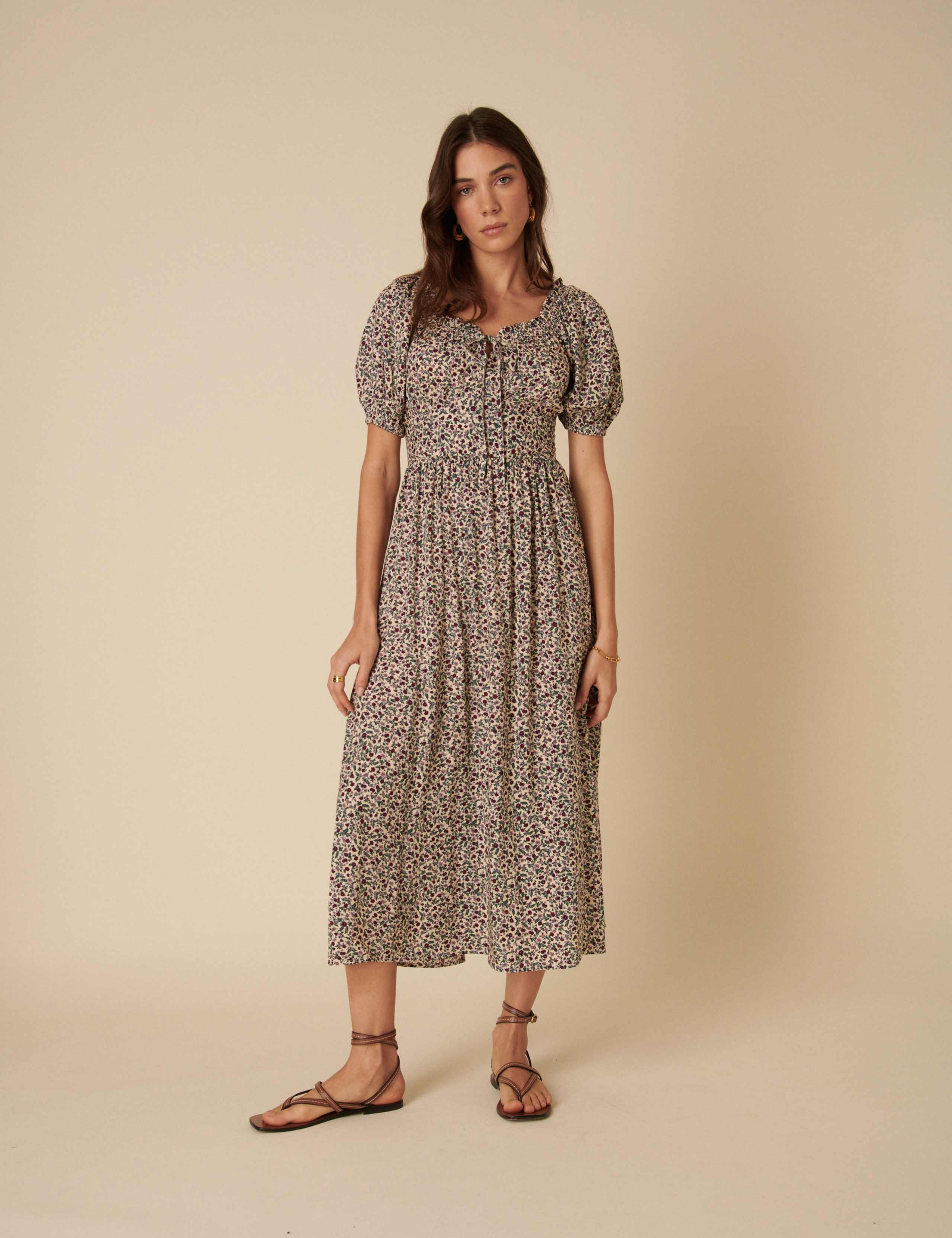 Ditsy Floral Tie Neck Puff Sleeve Midaxi Waisted Dress
