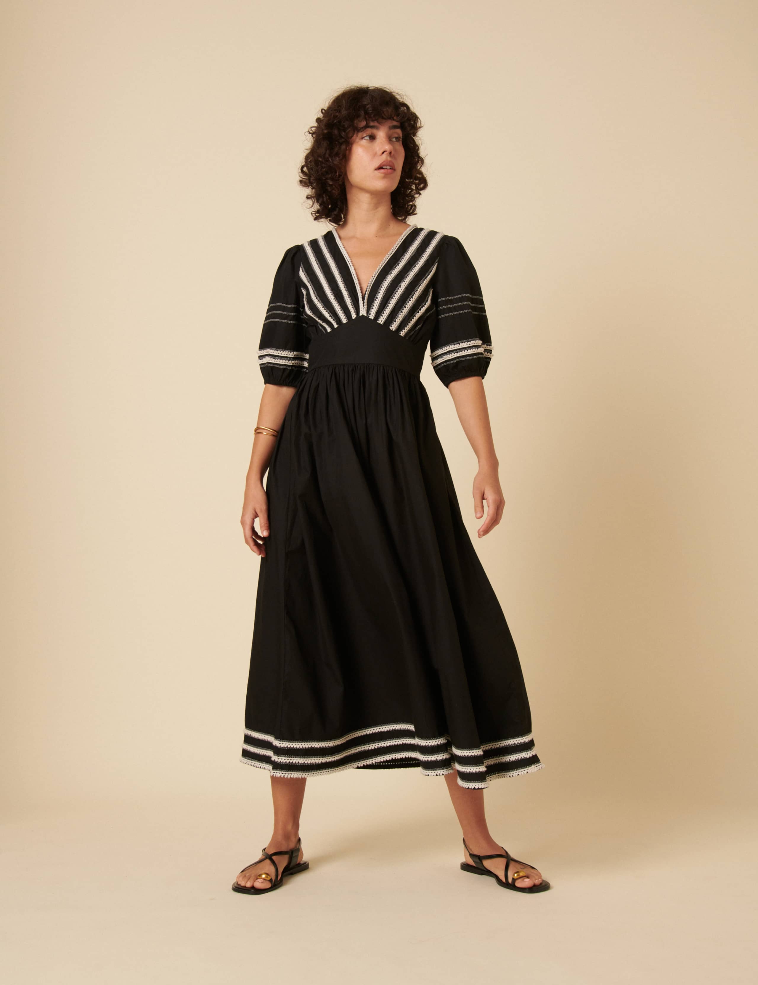 Pure Cotton Embroidered V-Neck Midaxi Tea Dress