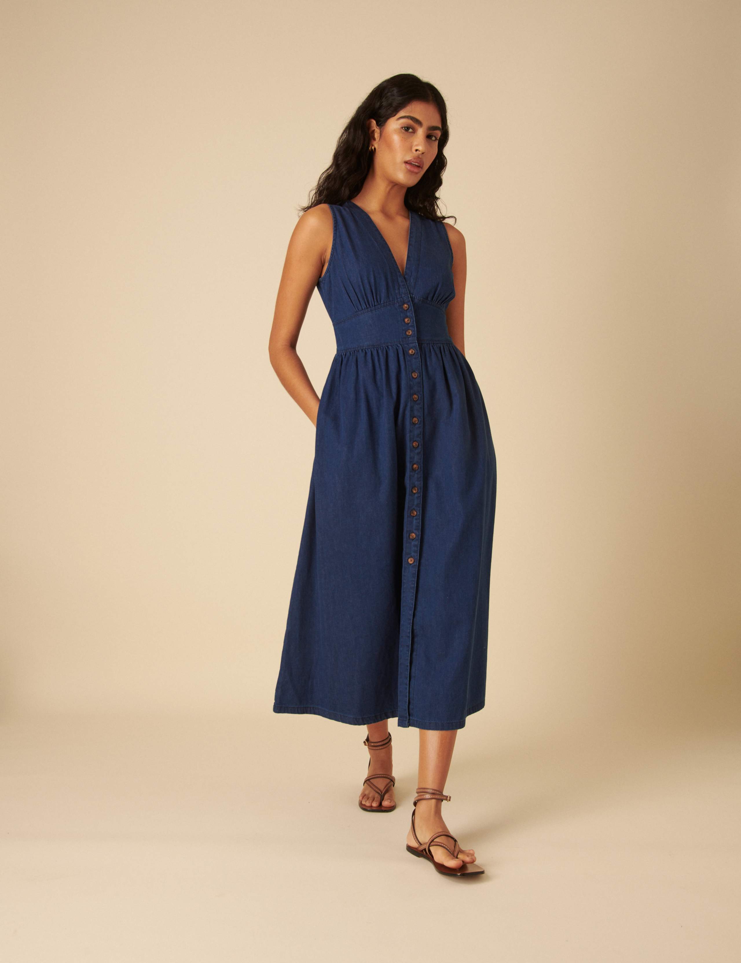 Denim V-Neck Button Through Midi Tea Dress