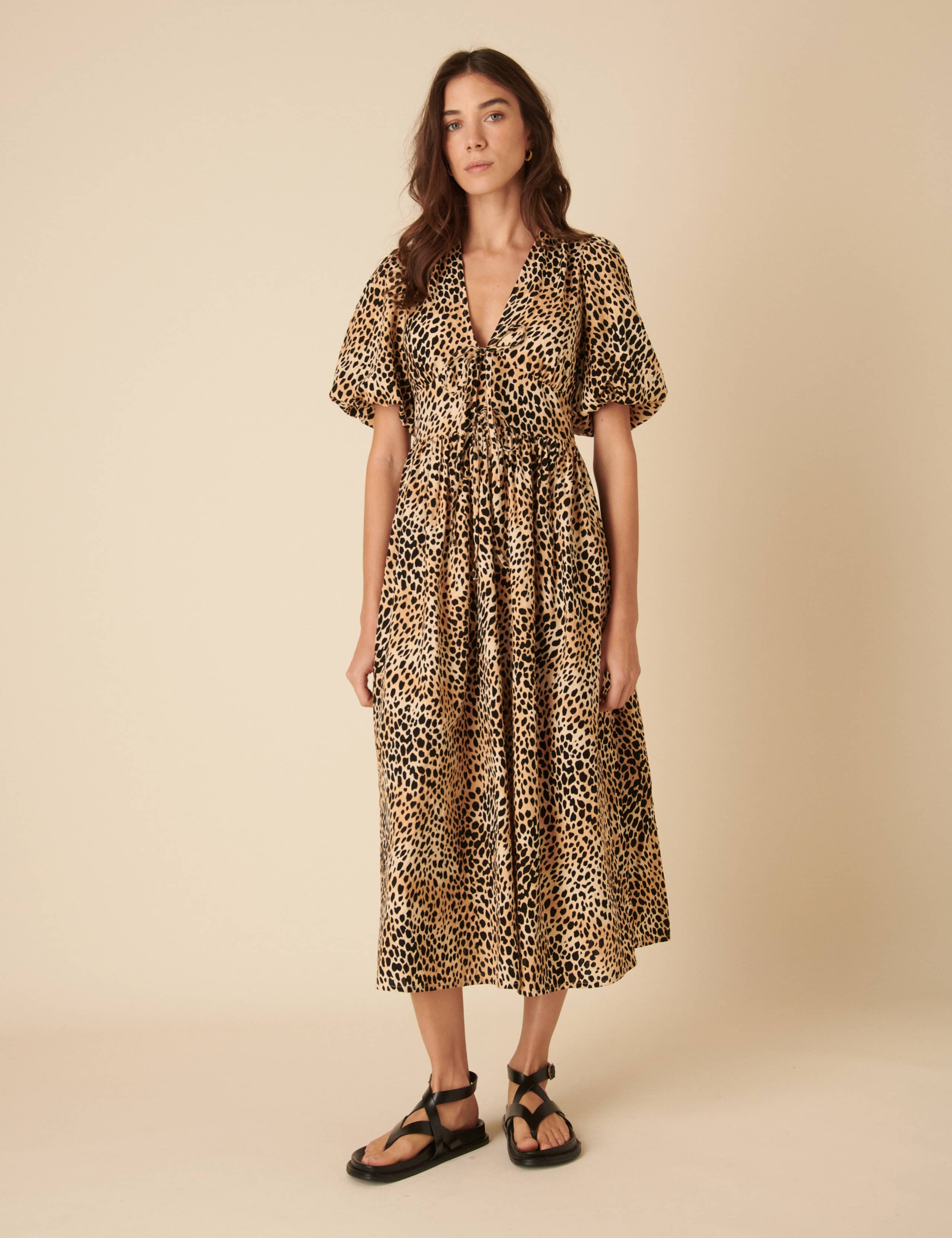 Pure Cotton Animal Print V-Neck Waisted Dress