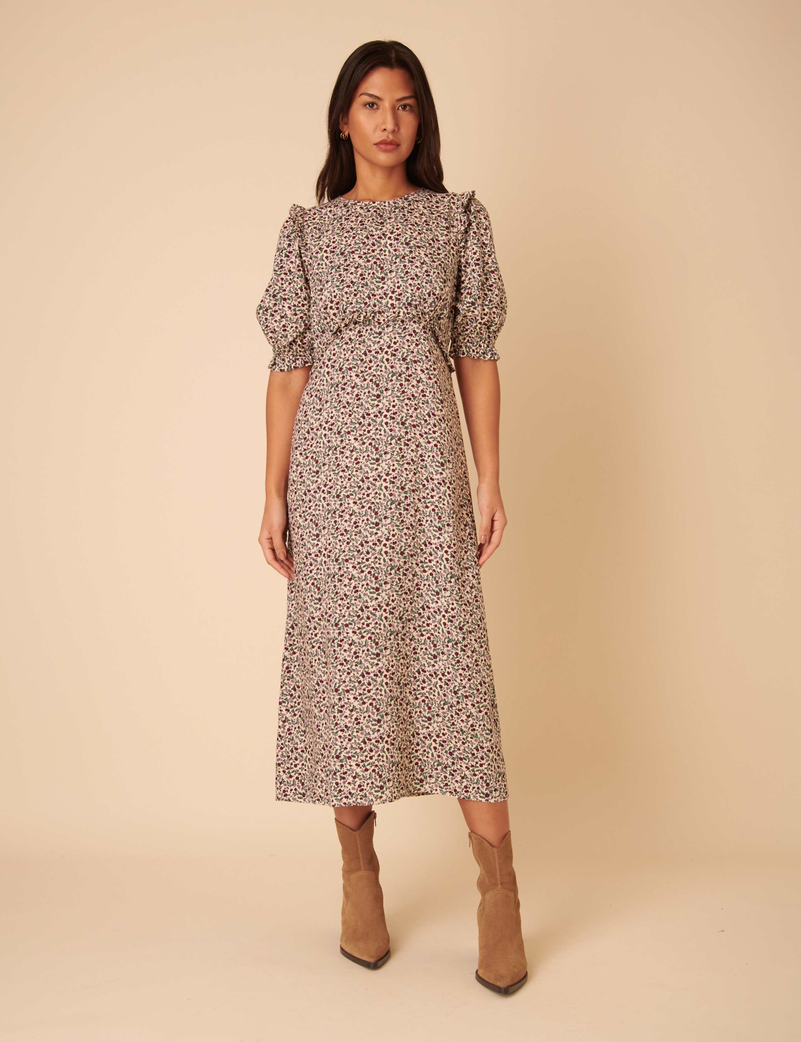 Ditsy Floral Frill Detail Puff Sleeve Midi Tea Dress