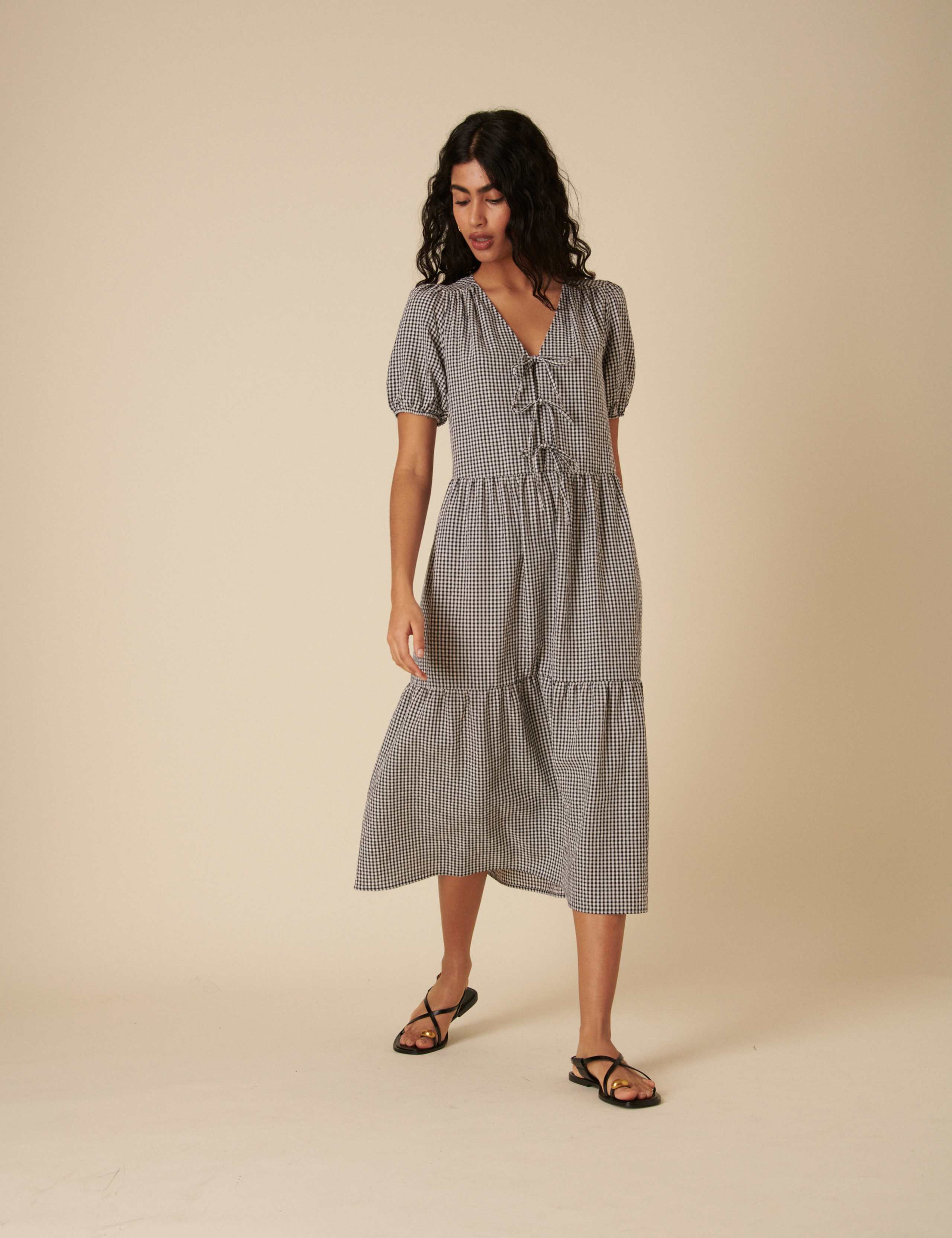 Cotton Rich Gingham Midi Tiered Tea Dress