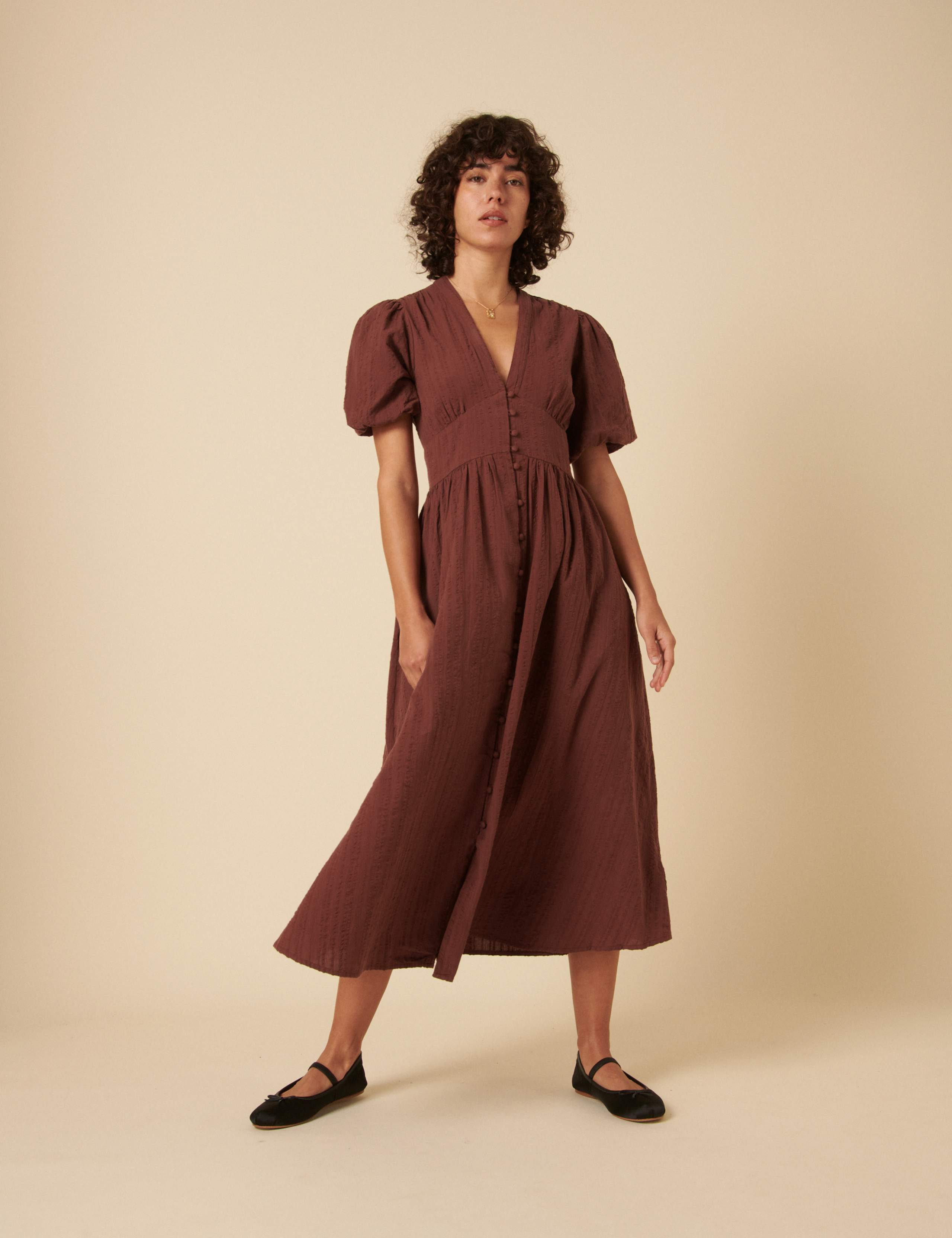 Pure Cotton V-Neck Midaxi Waisted Dress