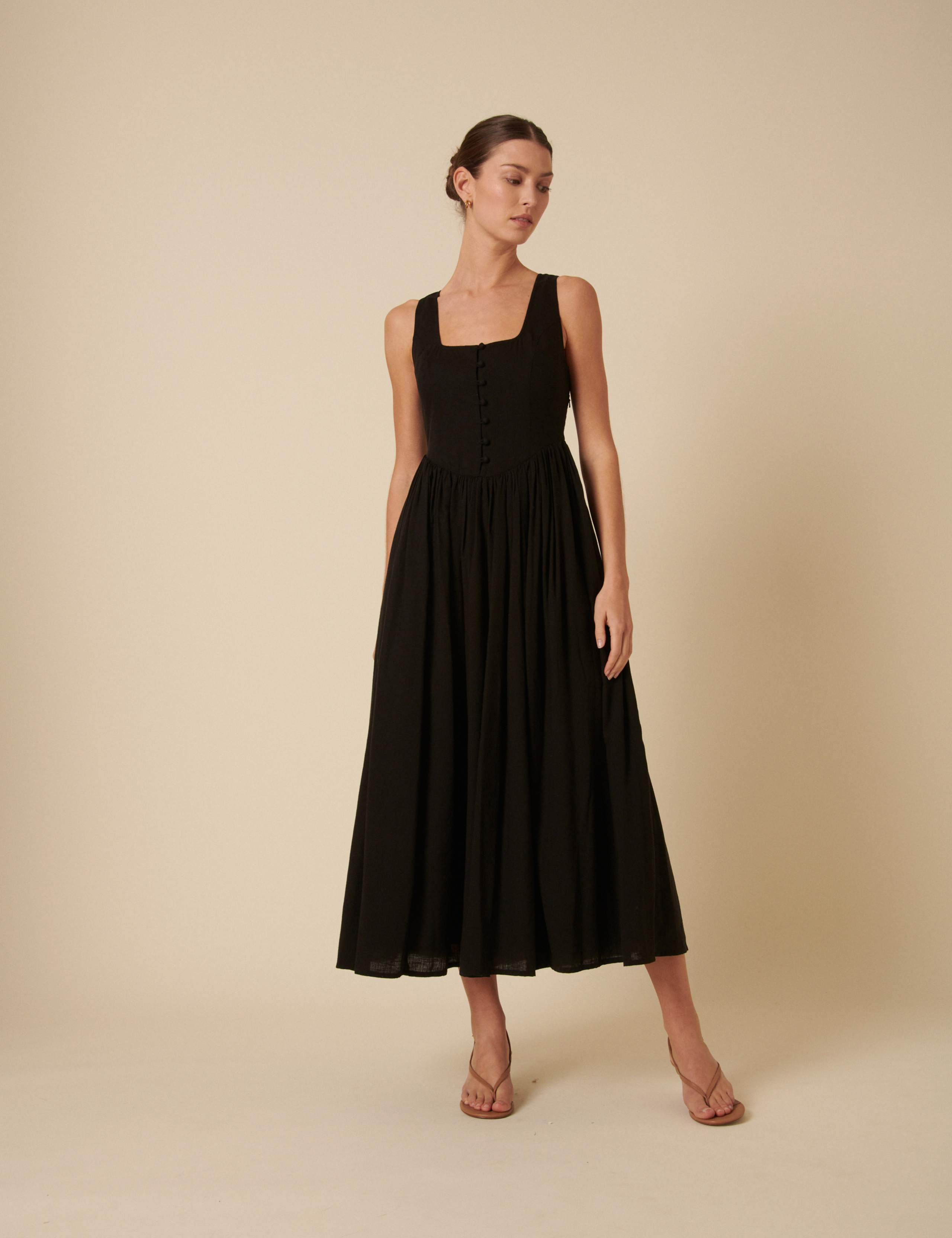 Square Neck Button Front Midaxi Waisted Dress with Linen
