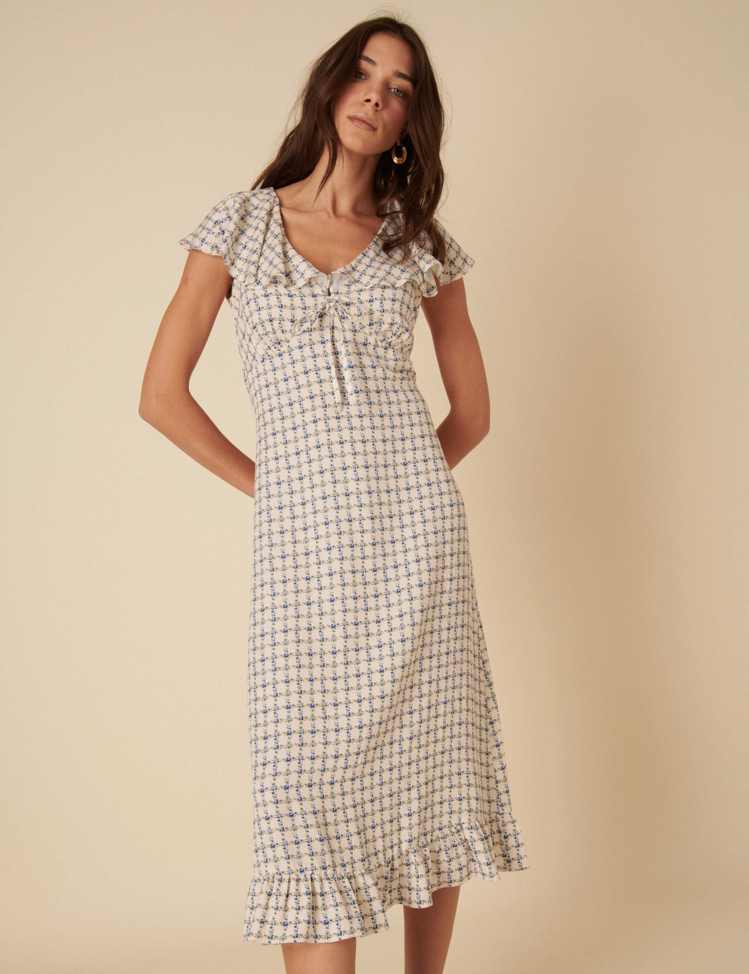 Floral Check V-Neck Midi Tea Dress