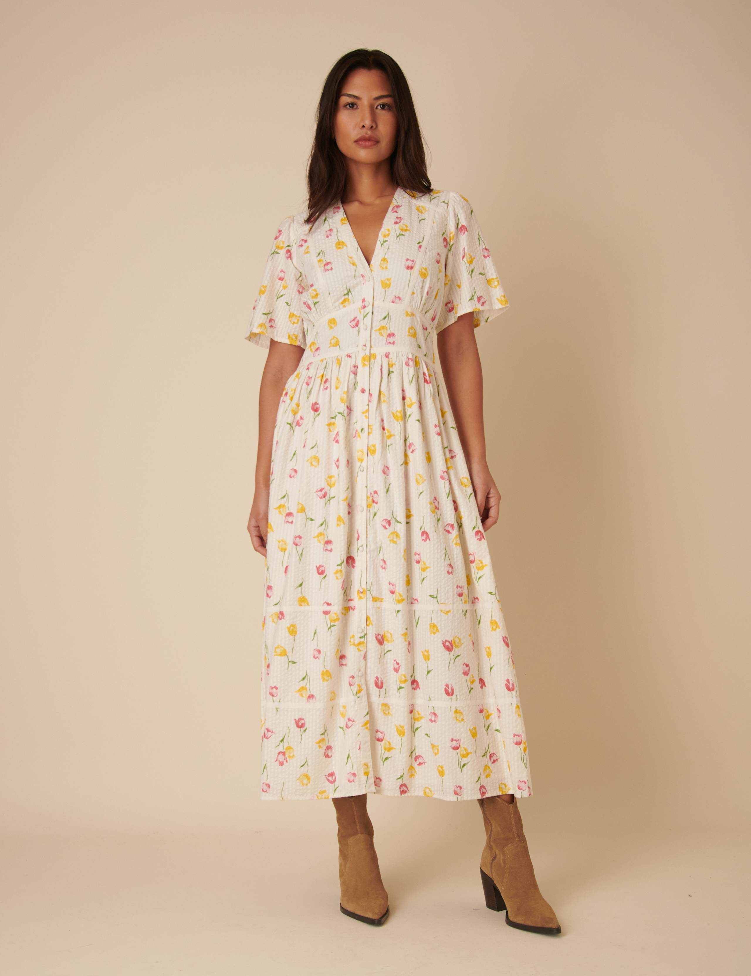 Pure Cotton Floral V-Neck Midaxi Waisted Dress