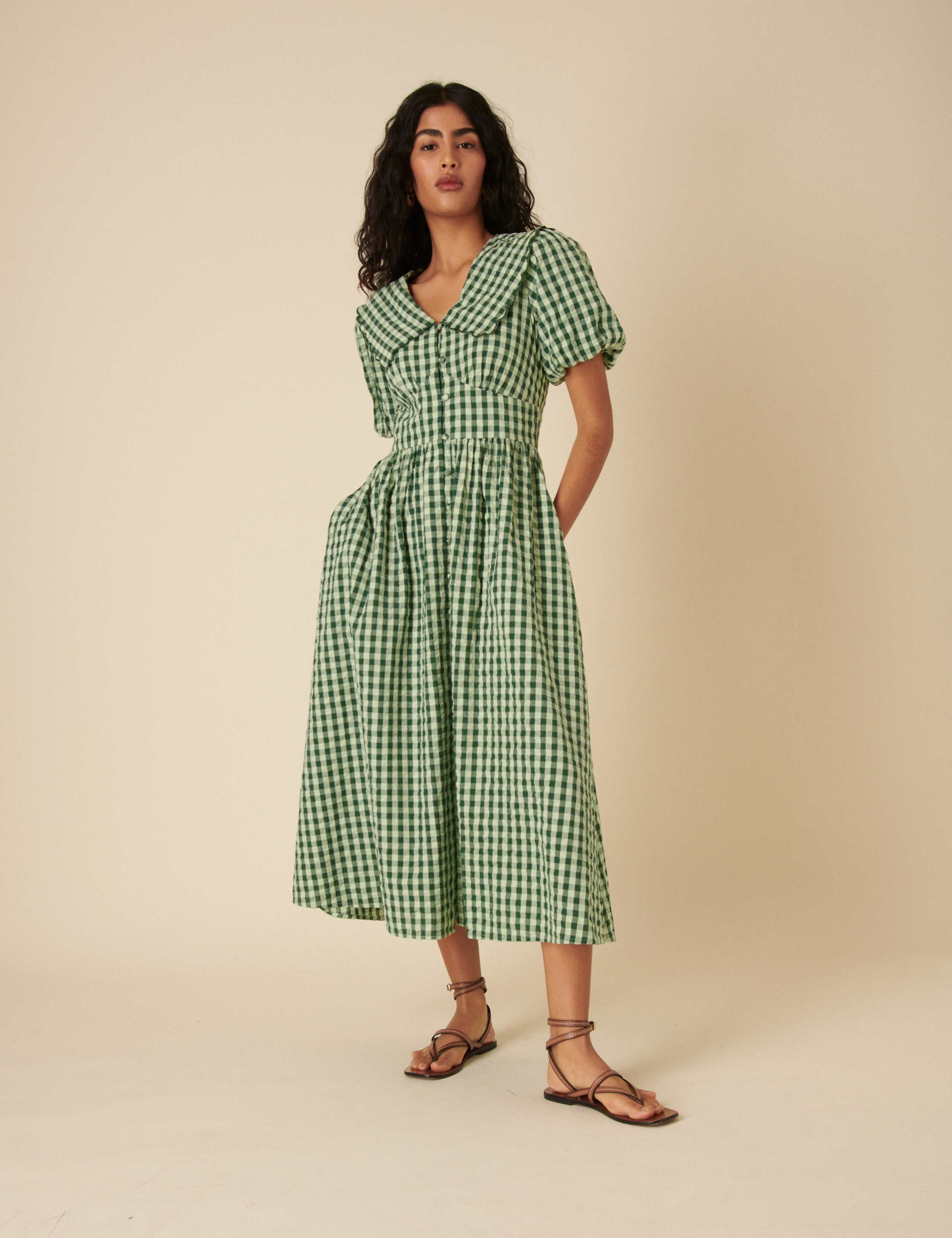 Pure Cotton Gingham Midaxi Waisted Dress