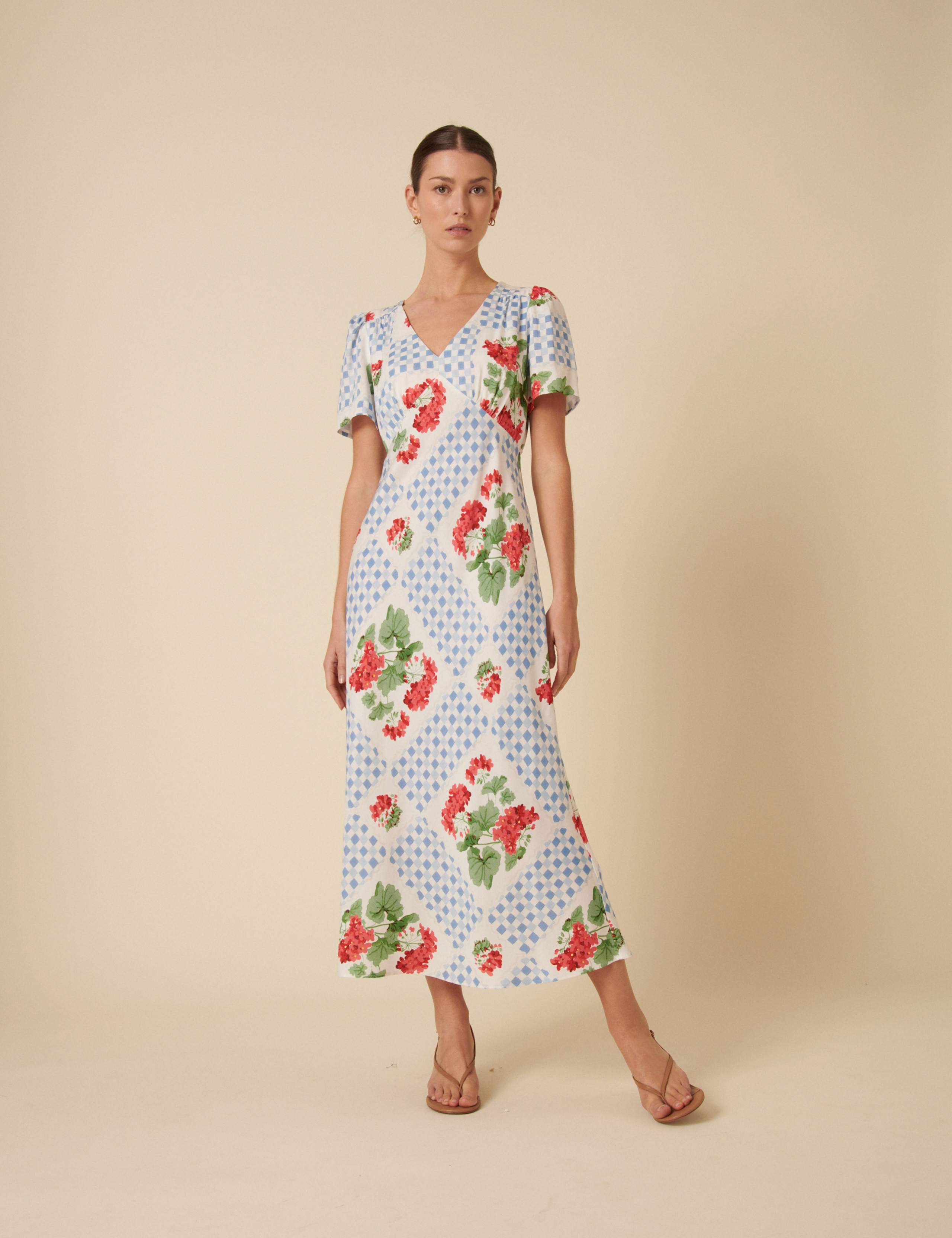 Floral V-Neck Puff Sleeve Midi Tea Dress