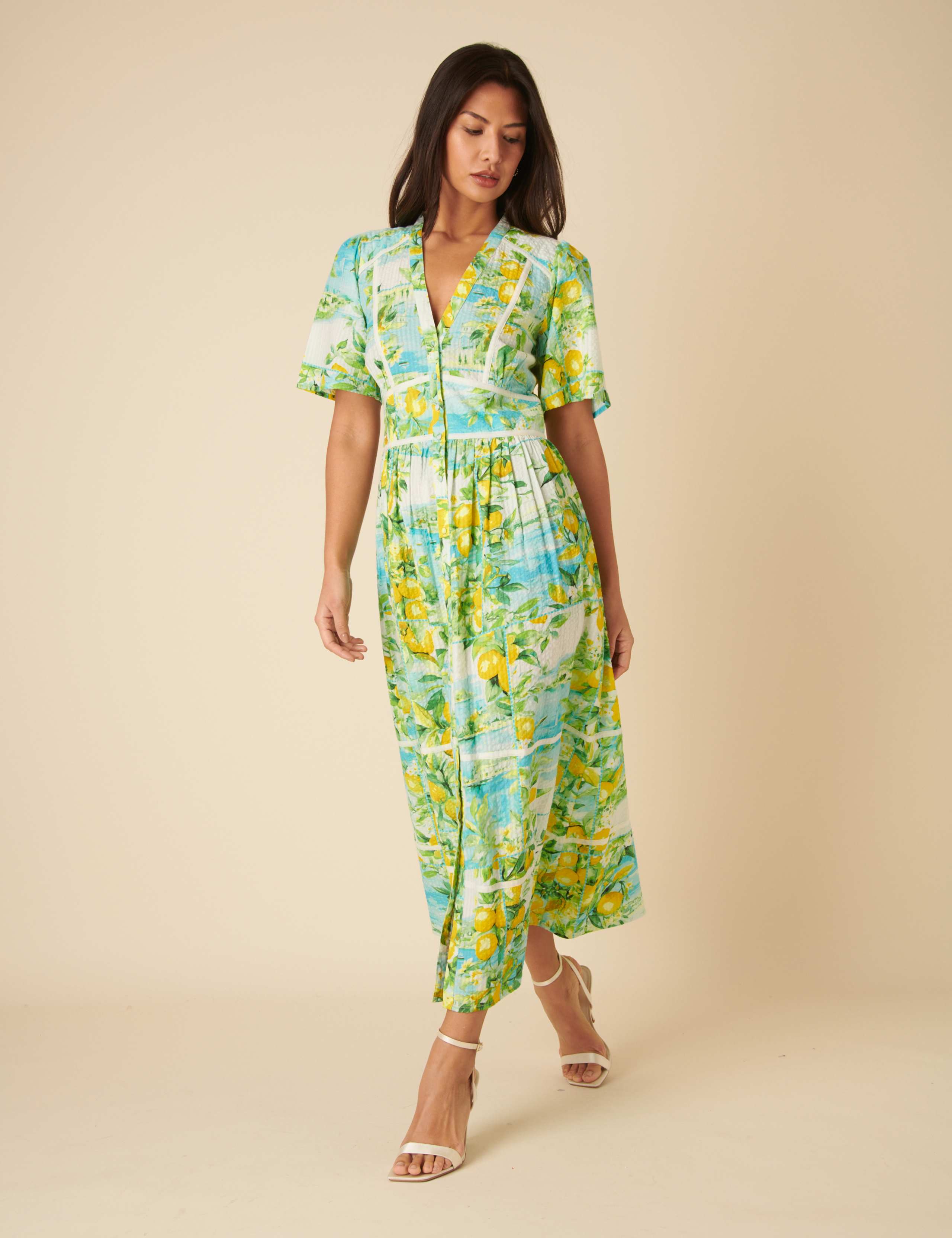 Pure Cotton Lemon Print V-Neck Button Front Midaxi Waisted Dress